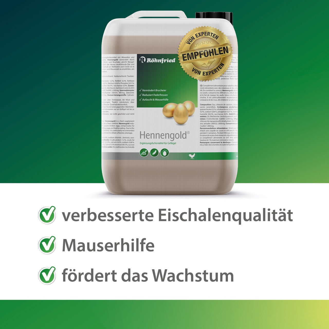 Hennengold Tränkenzusatz "verbesserte Eierschalenqualität, Mauserhilfe, fördert das Wachstum"