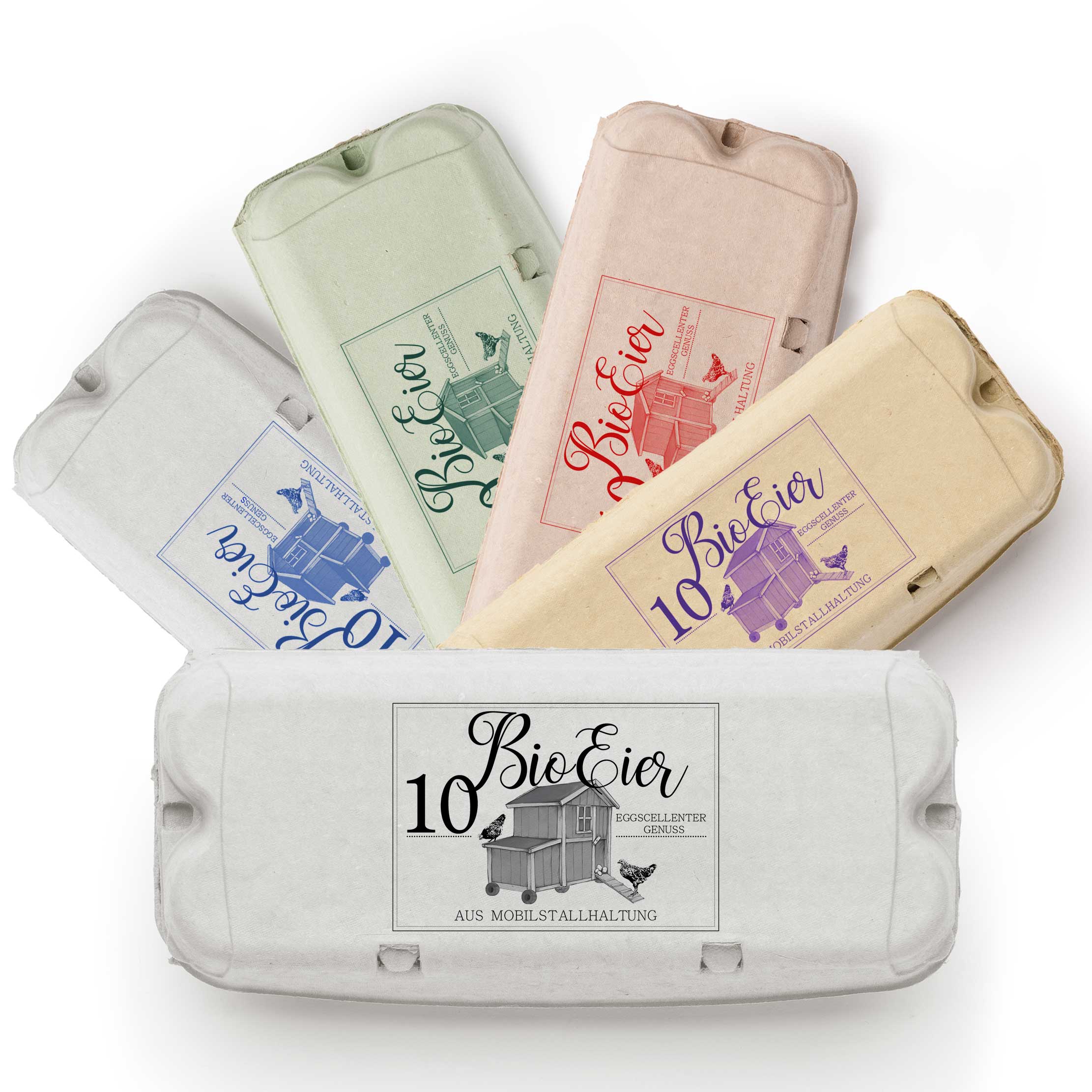Eierschachtel-Stempel 10 bzw. 6 Bio-Eier aus Mobilstallhaltung, in 5 Farben auf Eierschachteln