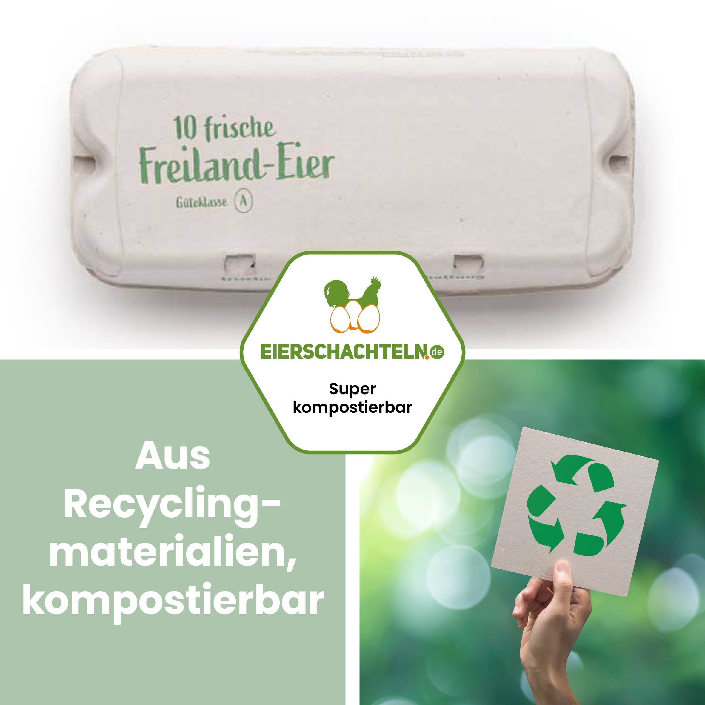 10er Eierschachteln ComPac mit Innendruck und Freilandhaltungs-Aufdruck "Aus Recyclingmaterialien, kompostierbar"