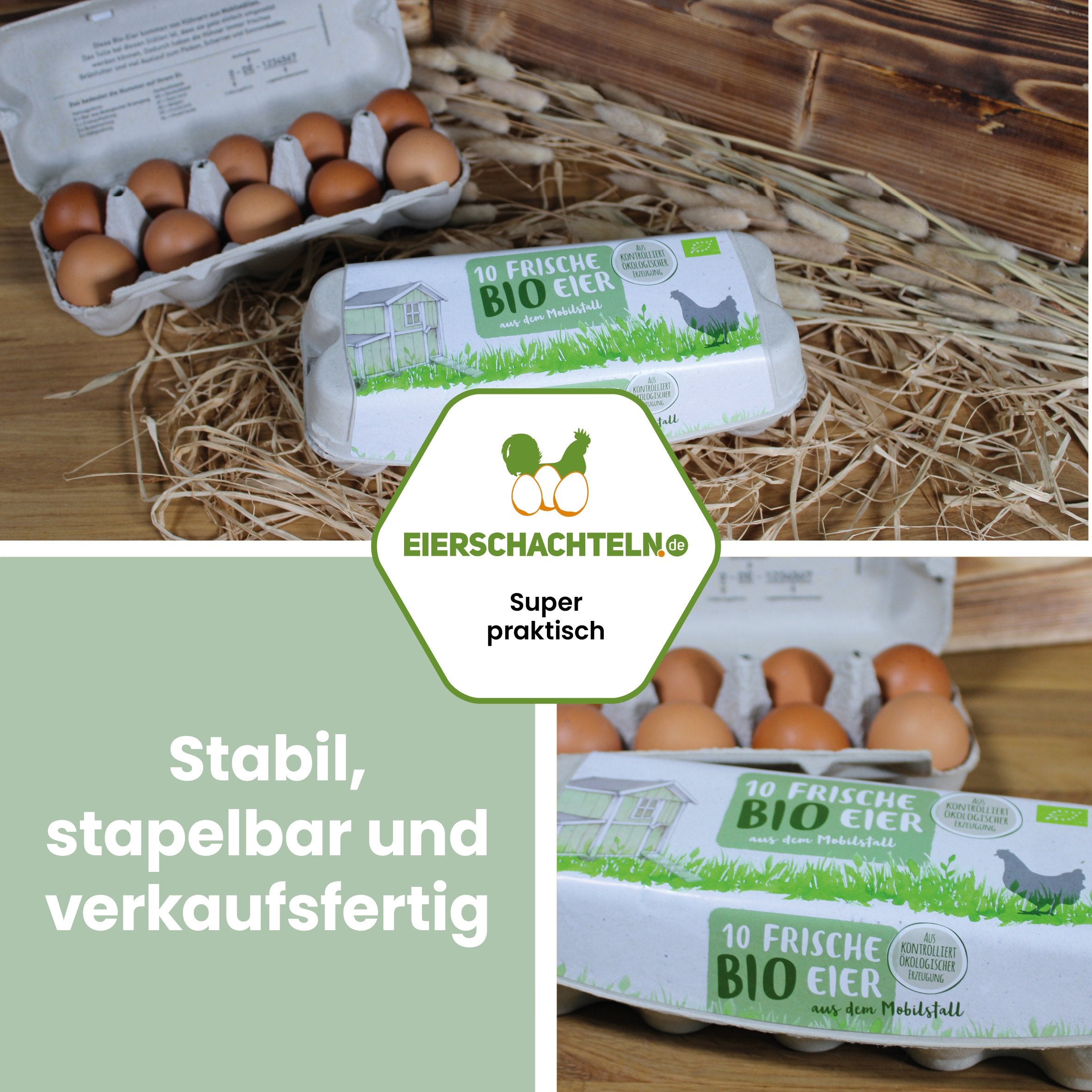 ComPac 10er Eierschachtel mit Etikett Mobilstall-Biohaltung "Stabil, stapelbar und verkaufsfertig"