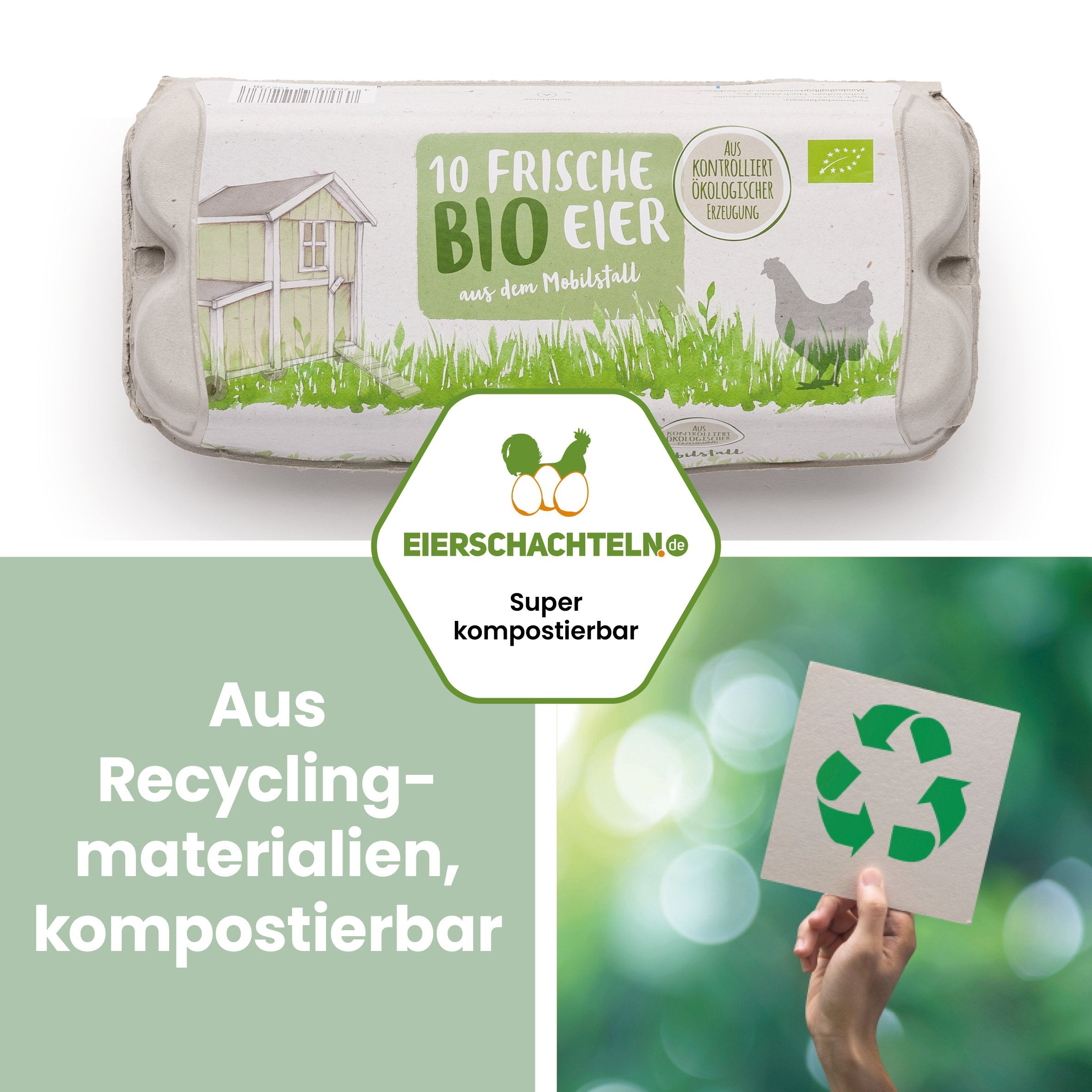 ComPac 10er Eierschachtel mit Etikett Mobilstall-Biohaltung "Aus Recyclingmaterialien, kompostierbar"