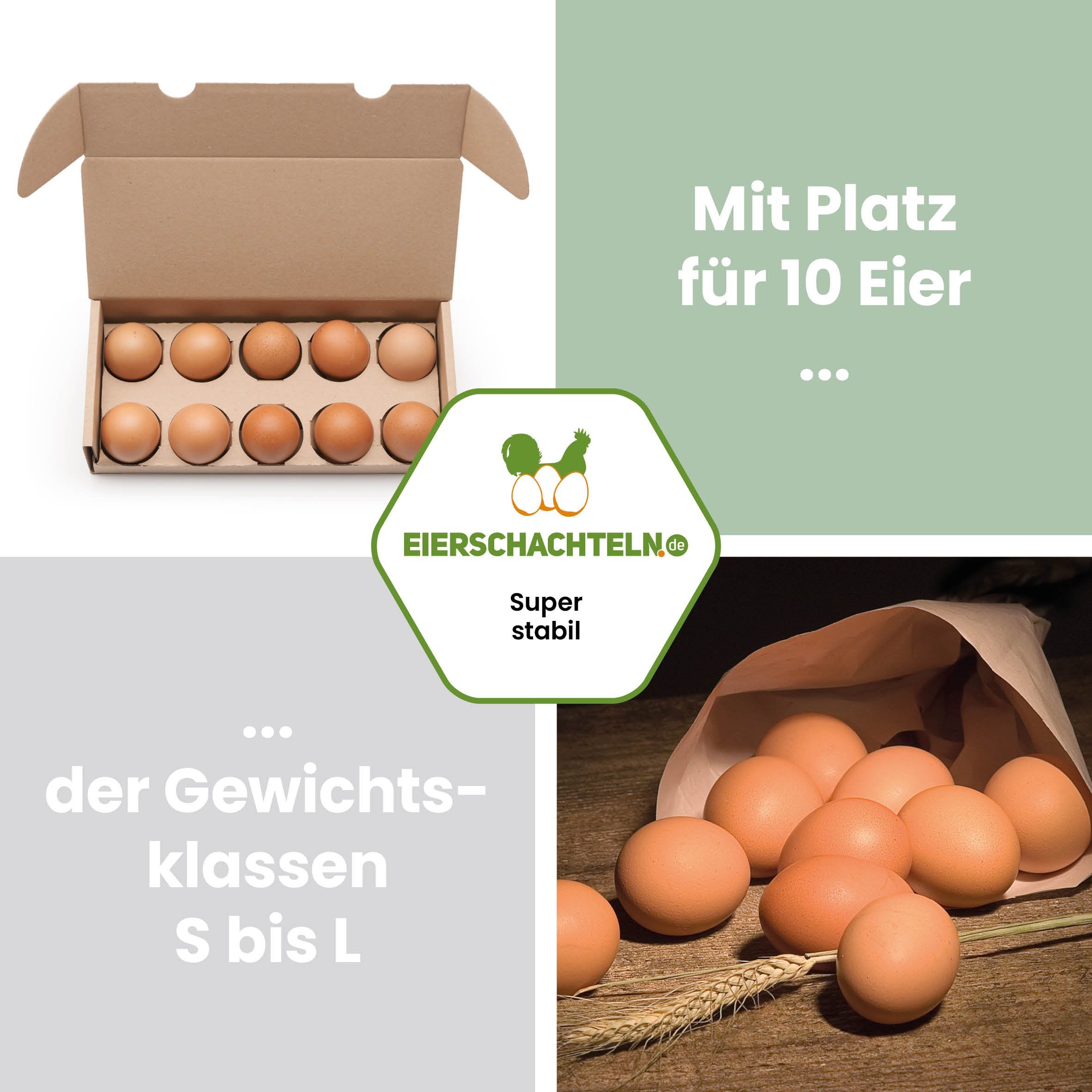 EckPack 10er Eierschachtel mit Direktdruck "Mit Platz für 10 Eier der Gewichtklassen S bis L"