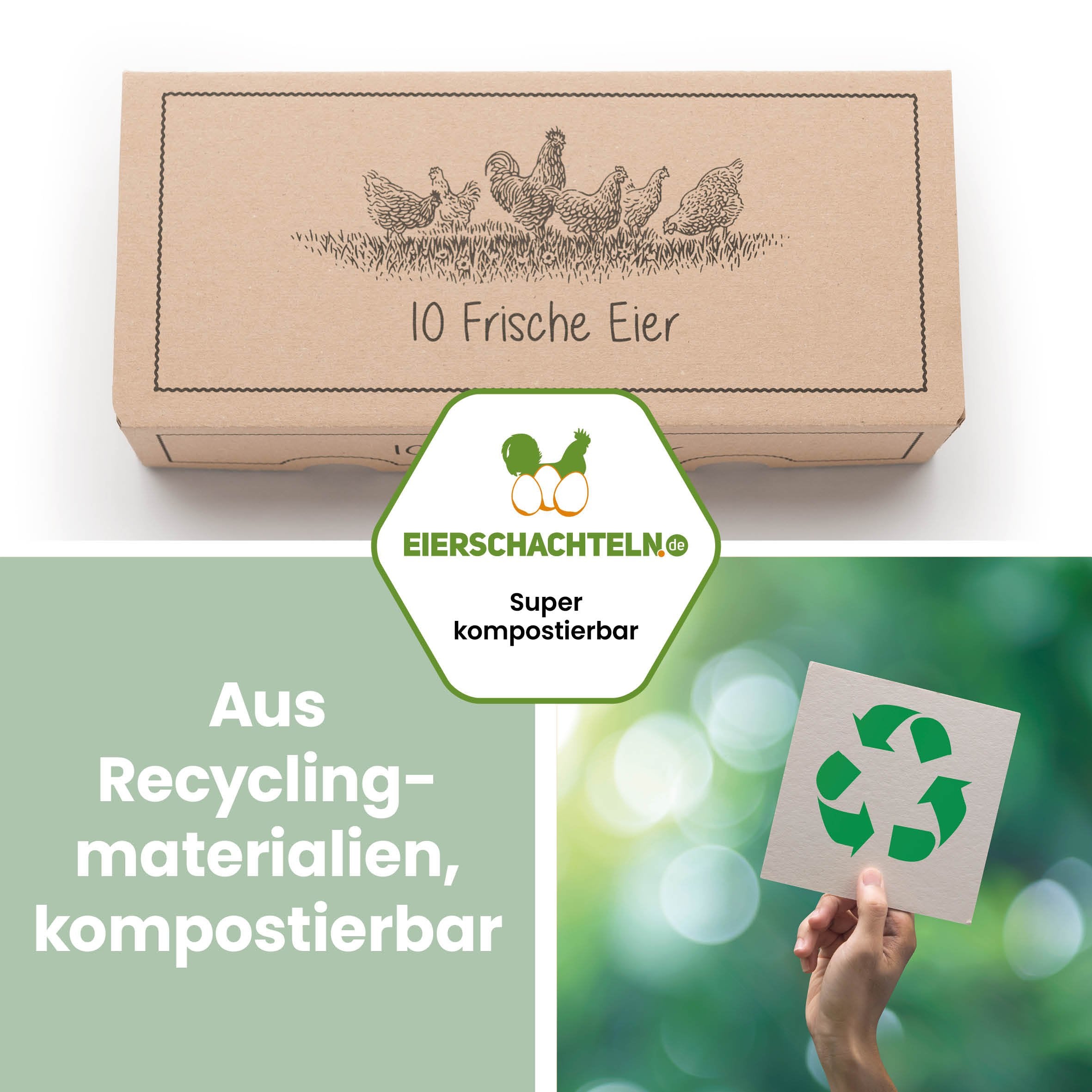 EckPack 10er Eierschachtel mit Direktdruck "Aus Recyclingmaterialien, komopstierbar"