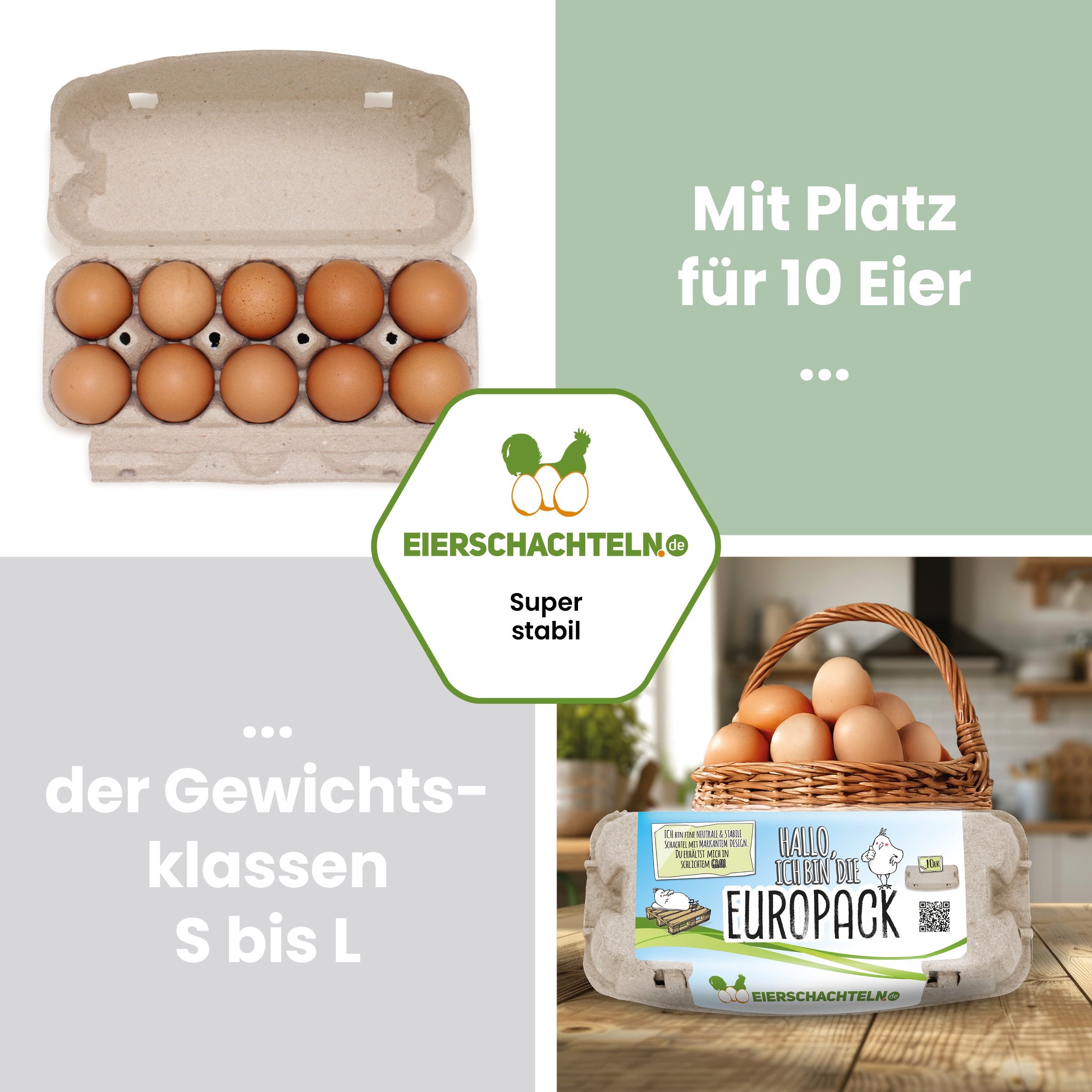 10er EuroPack mit eigenem Etikett "Mit Platz für 10 Eier der Gewichtsklassen S bis L"