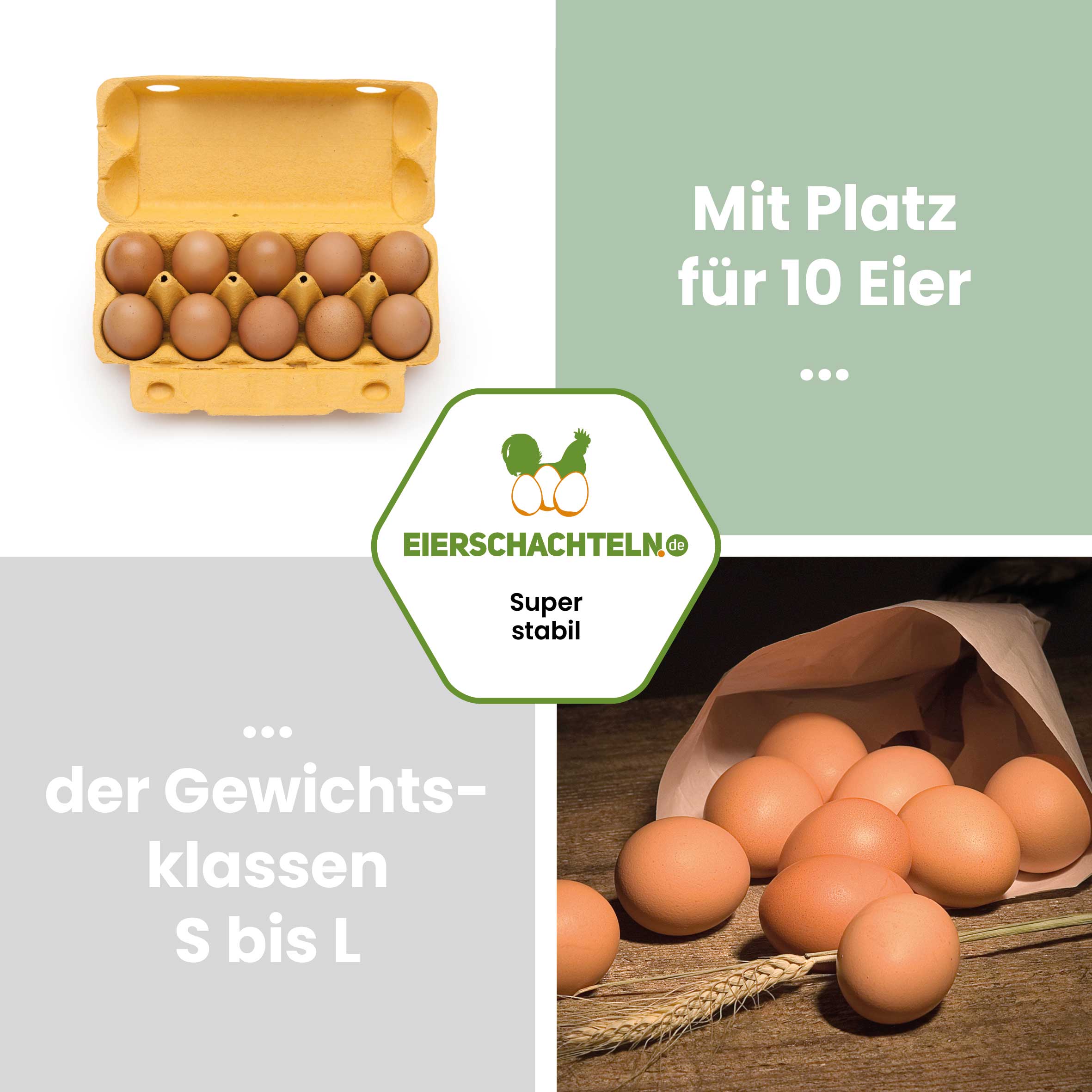 10er imagic Eierschachteln, gelb "Mit Platz für 10 Eier der Gewichtsklassen S bis L"