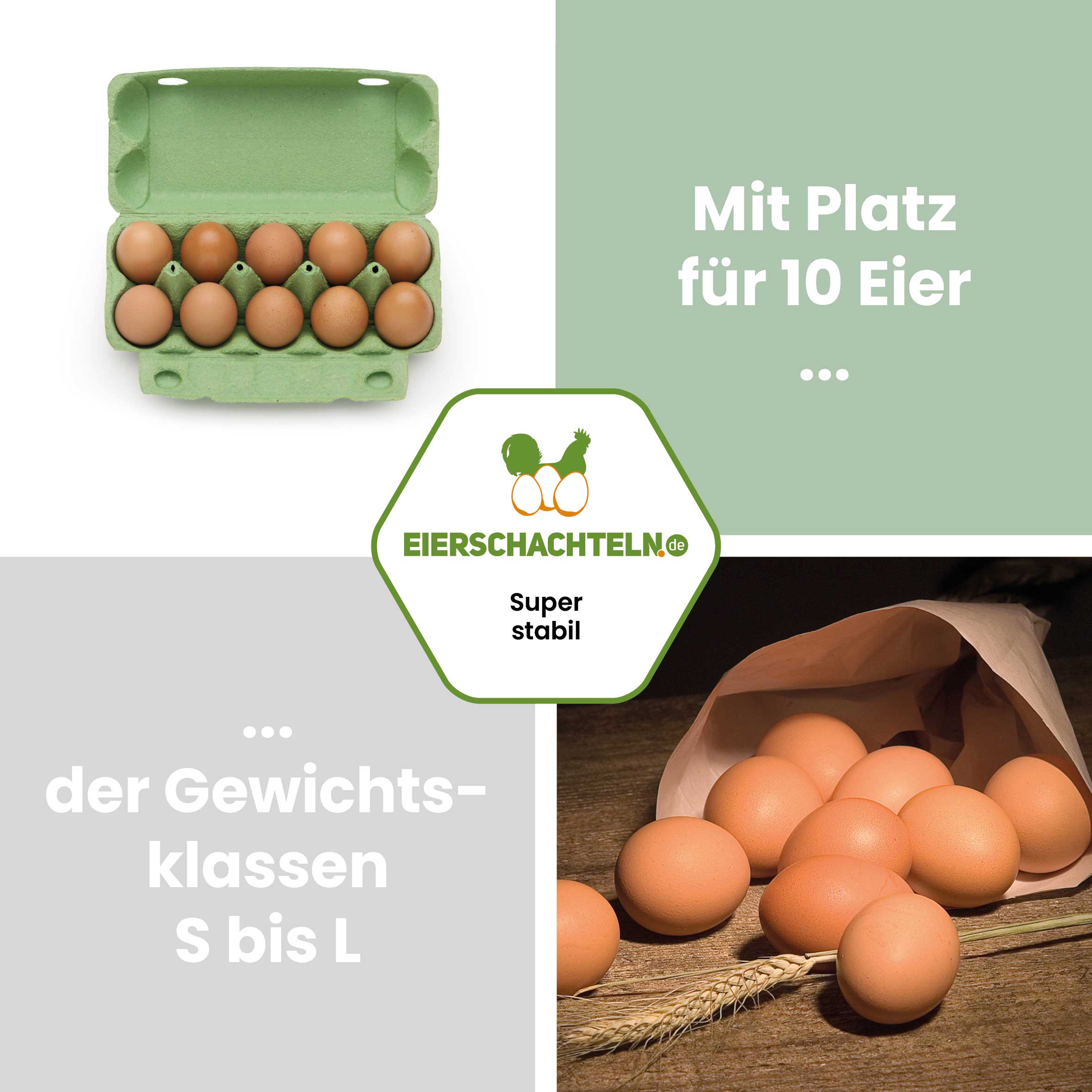 10er imagic Eierschachteln, grün "Mit Platz für 10 Eier der Gewichtsklassen S bis L"