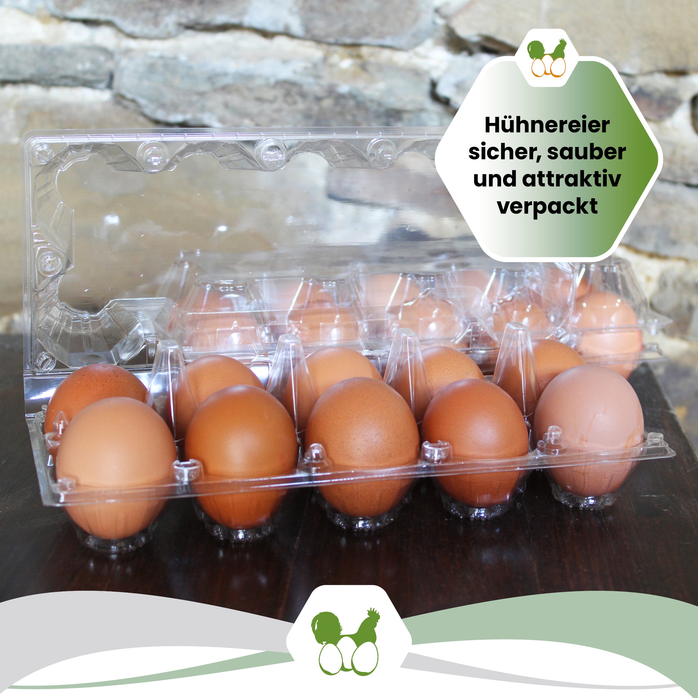 10er PET Eierverpackungen, transparent "Hühnereier sicher, sauber und attraktiv verpackt"
