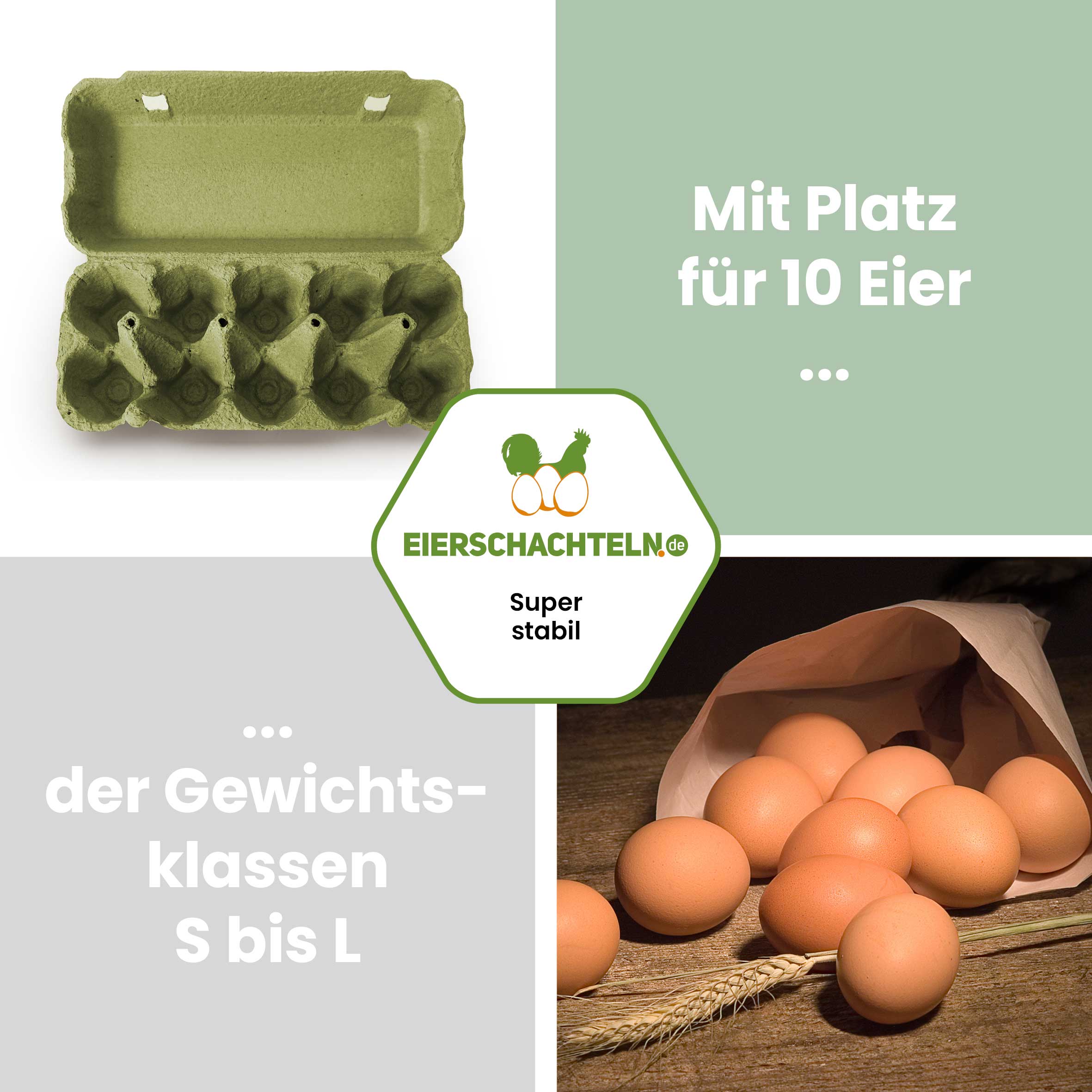 Plus Pack 10er Eierschachteln mit deinem Etikett, grün "Mit Platz für 10 Eier der Gewichtsklassen S bis L"
