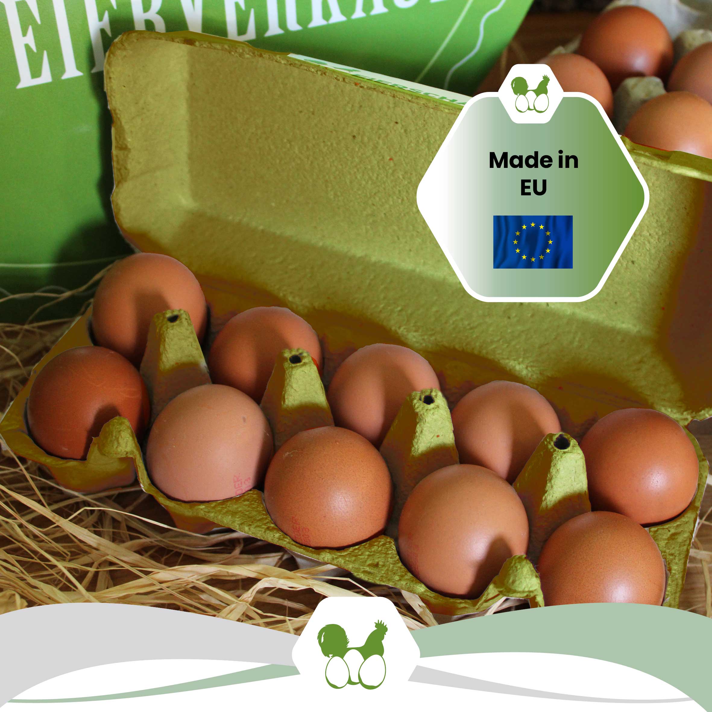 Plus Pack 10er Eierschachteln mit deinem Etikett, grün "Made in EU"