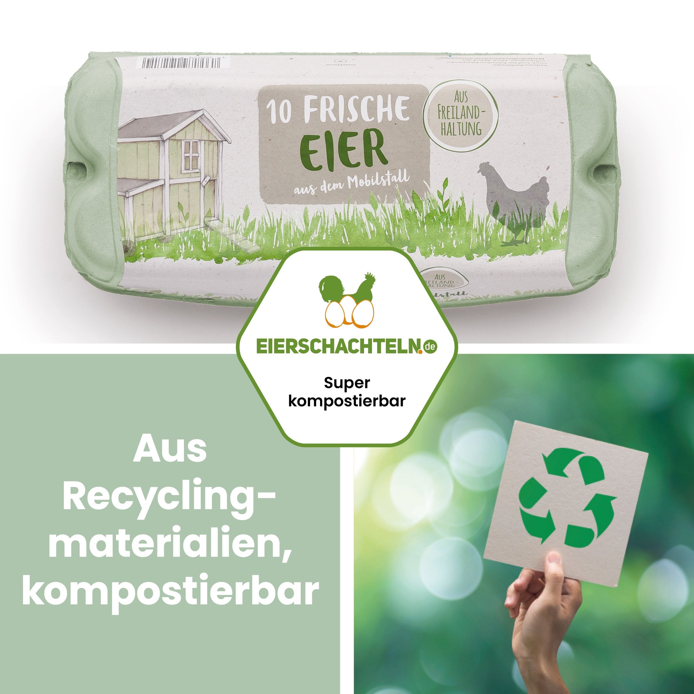 ComPac 10er Eierschachtel mit Etikett Mobilstall-Freilandhaltung "Aus Recyclingmaterialen, kompostierbar"