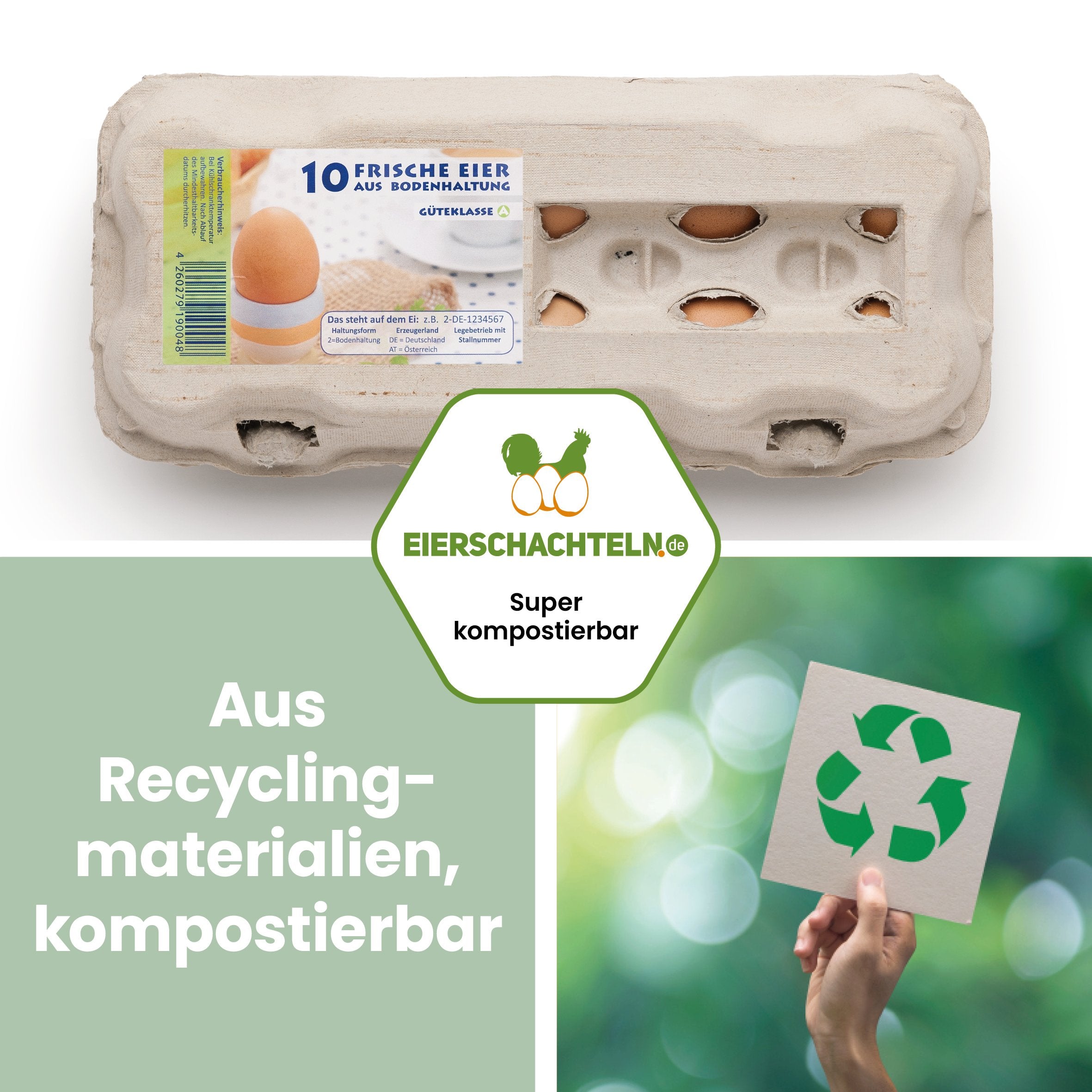 10er Eierschachteln TopView grau für Bodenhaltung "Aus Recyclingmaterialien, kompostierbar"