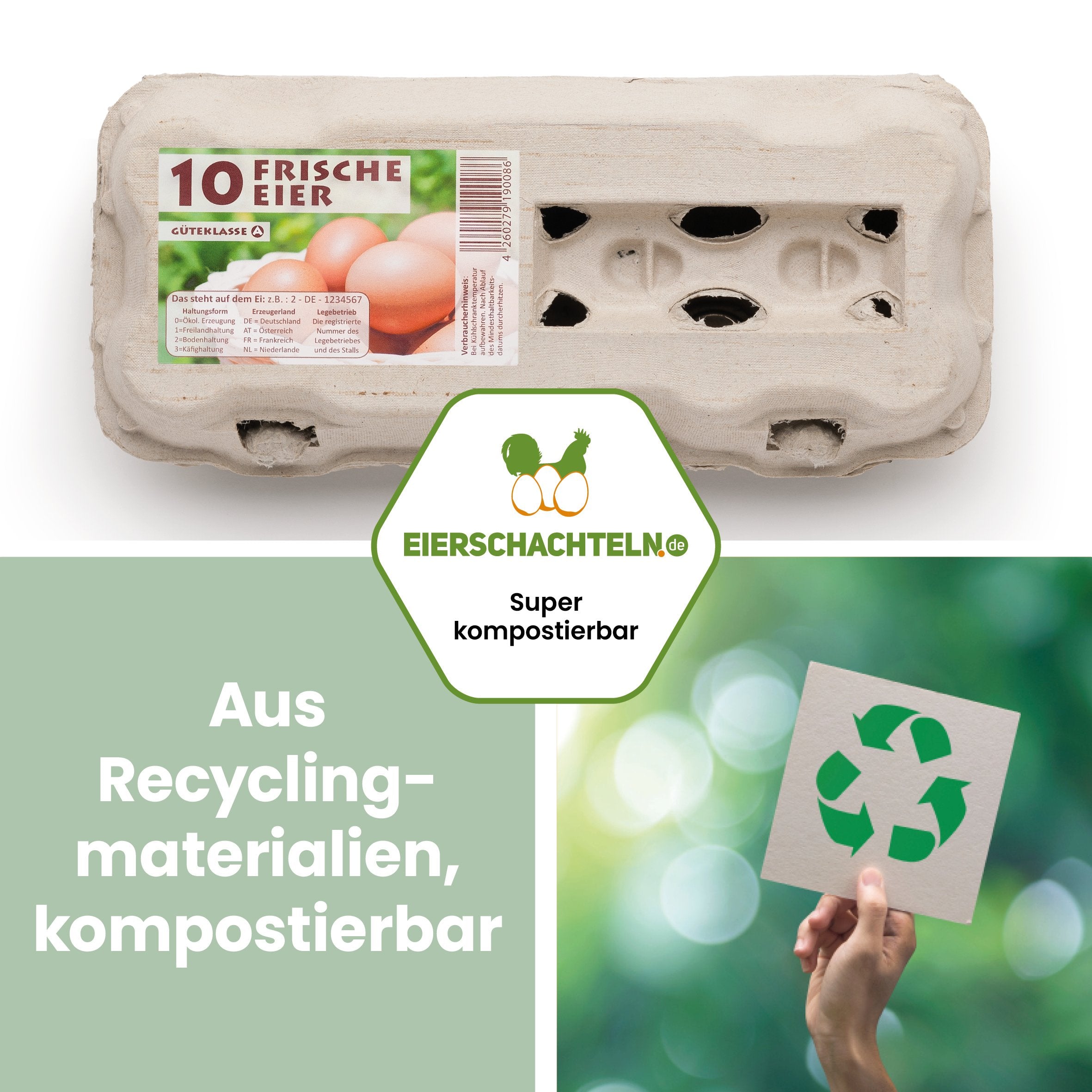 10er Eierschachteln TopView „Frische Eier“ "Aus Recyclingmaterialien, kompostierbar"
