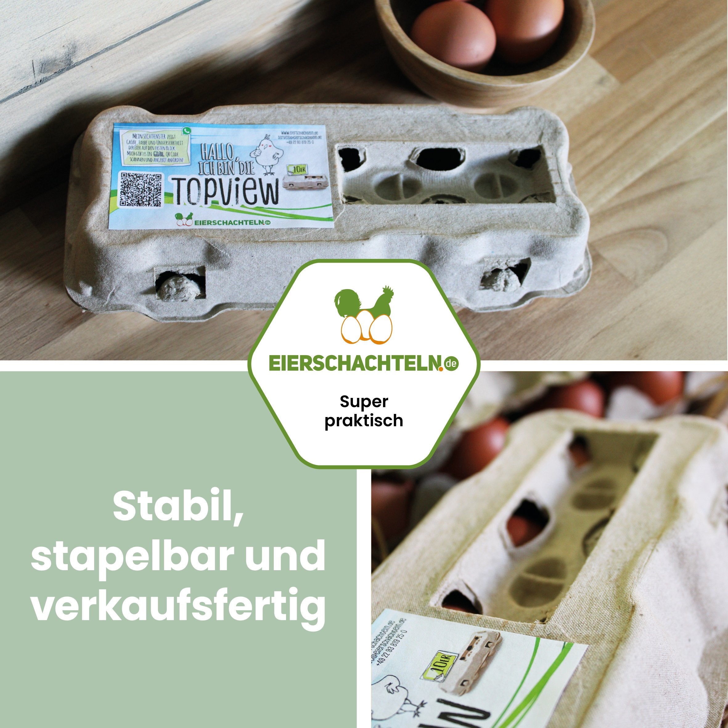 10er Eierschachteln TopView mit eigenem Etikett "Stabil, stapelbar und verkaufsfertig"
