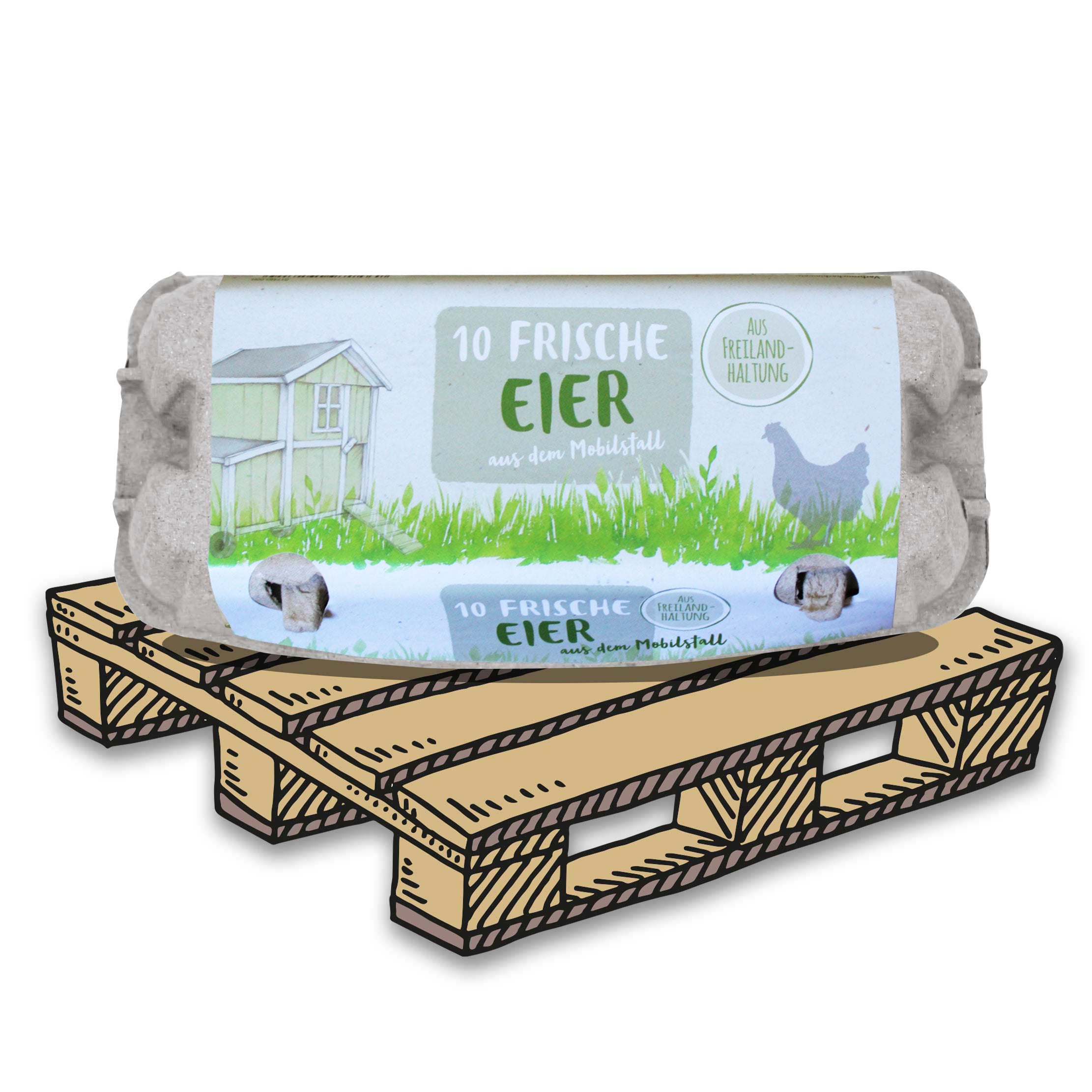 10er EuroPack mit Etikett "Frische Eier aus dem Mobilstall Freilandhaltung", Palette