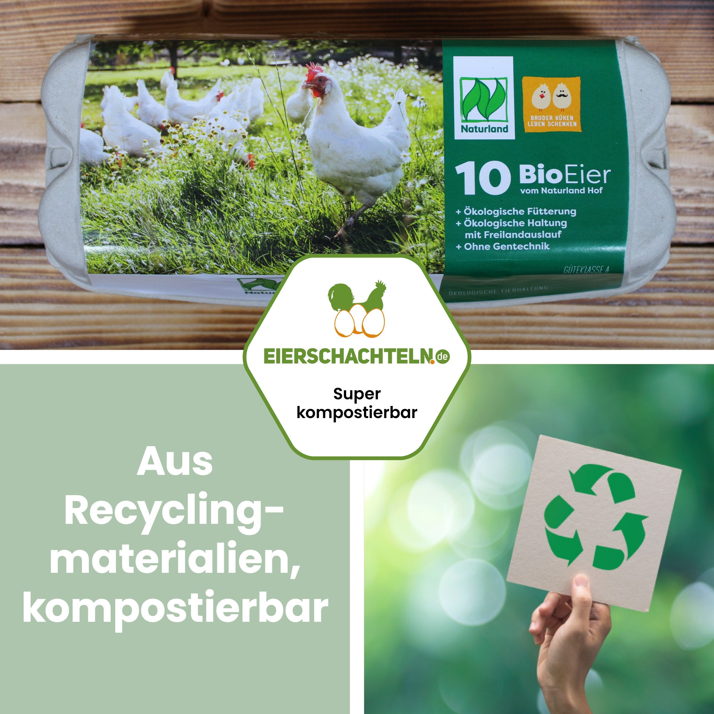10er Compac Eierschachteln mit Naturland Etikett "Aus Recyclingmaterialien, kompostierbar"