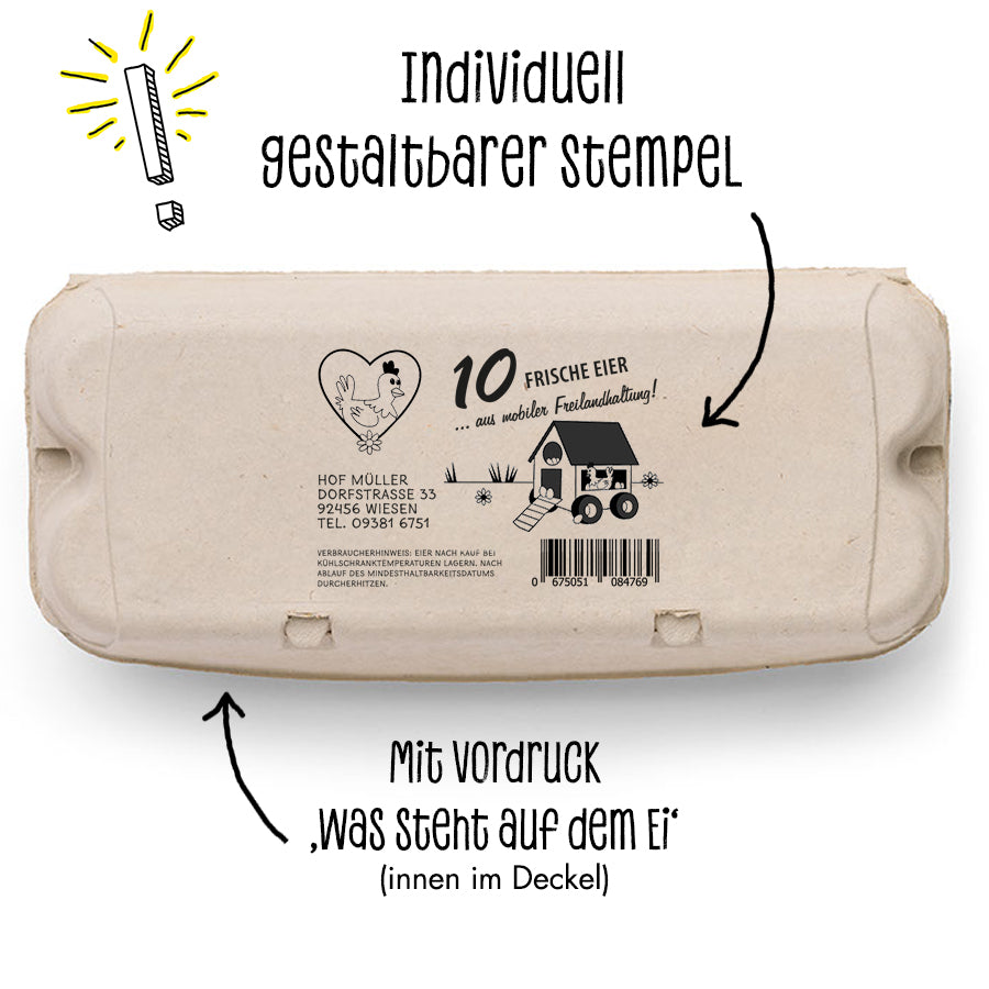 Stempel für Eierschachteln, 10er ComPac "Individuell gestaltbarer Stempel, mit Vordruck, Was steht auf dem Ei (innen im Deckel)"