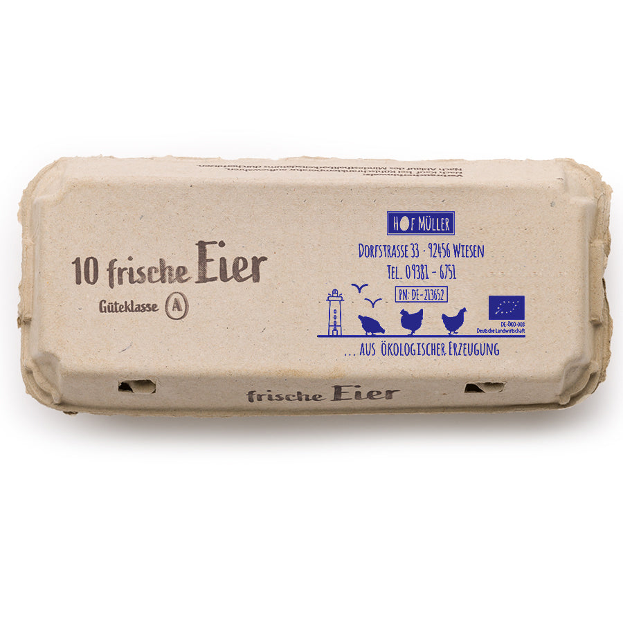 Stempel für Eierschachteln, 10er Ecopack, mit schwarzem Vordruck, blau