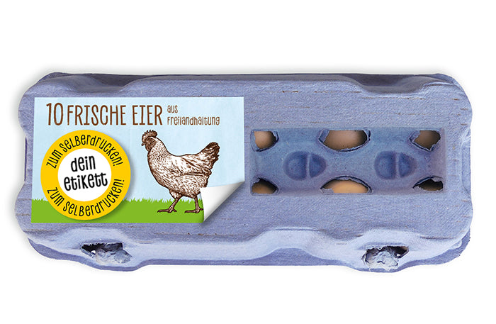Etiketten zum Selberdrucken für 10er Eierschachteln mit Sichtfenster, auf der Eierschachtel