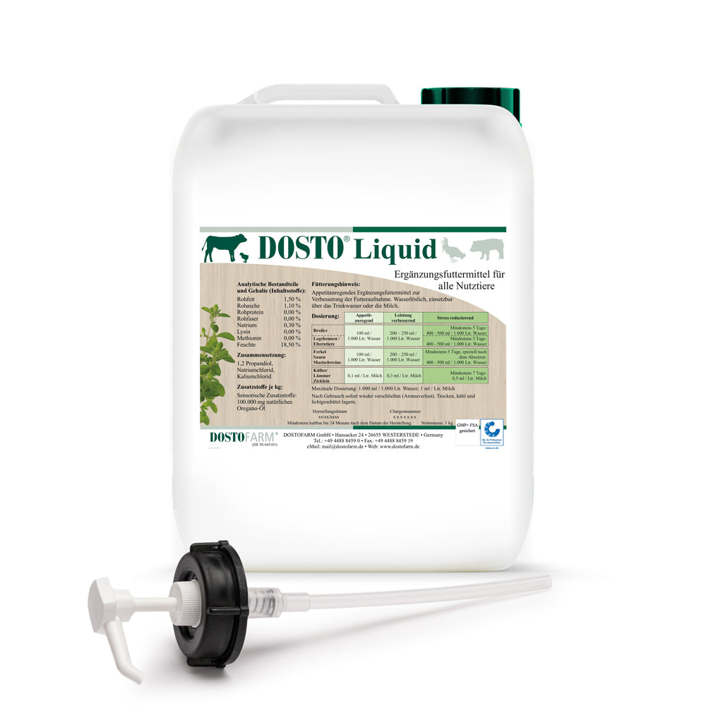 Dosto Liquid 5 kg Kanister - mit 10 % Oregano-Öl zur Verabreichung über die Tränke, mit Kanisterpumpe