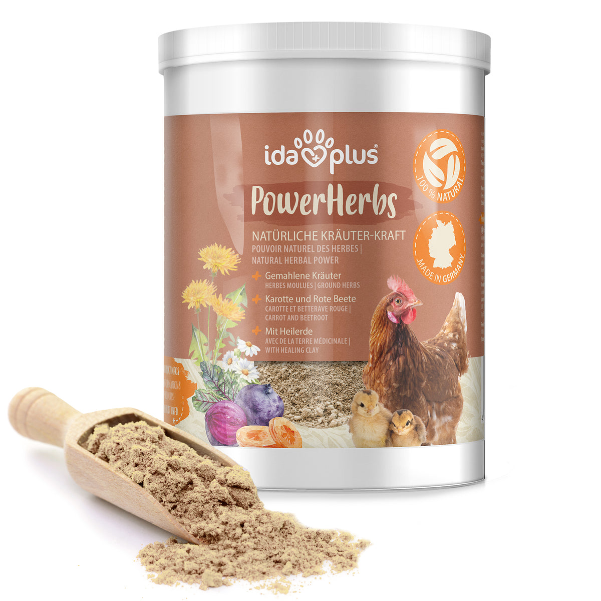 Power Herbs IdaPlus, 500 g – Mischung aus 19 wertvollen Kräutern, in der Dose mit Holzschaufel