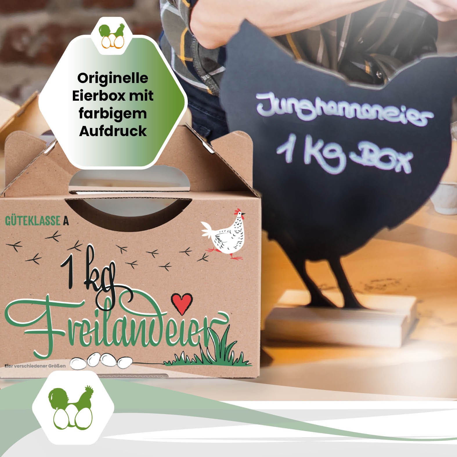 1 kg Box mit Aufdruck Freilandeier "Originelle Eierbox mit farbigem Aufdruck"