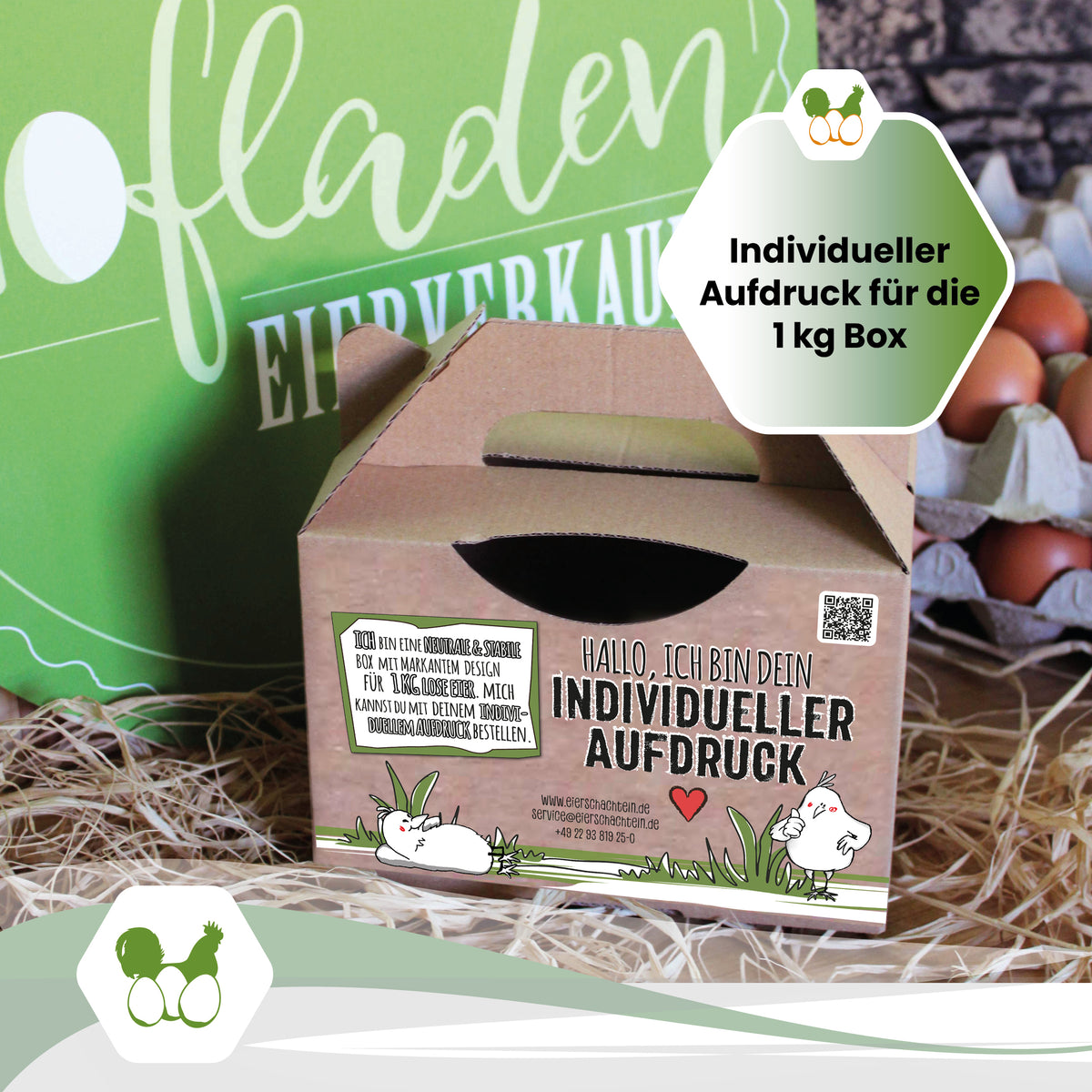 Individuell bedruckte 1-kg-Boxen – ca. 9520 Stück für Junghenneneier & mehr