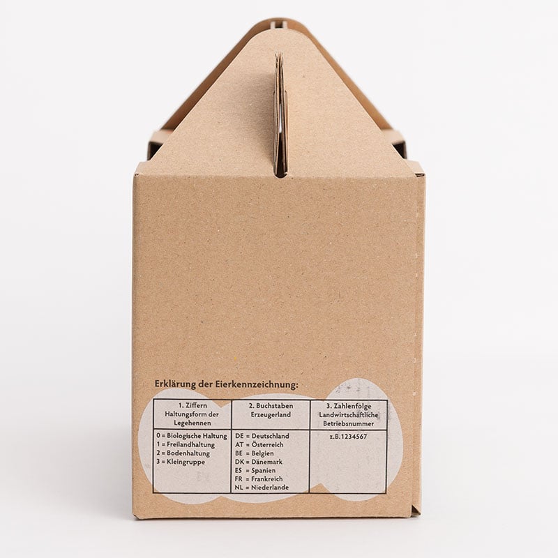 1 kg Eierbox mit Aufdruck, Seitenansicht mit dem Aufdruck "Erklärung der Eierkennzeichung"