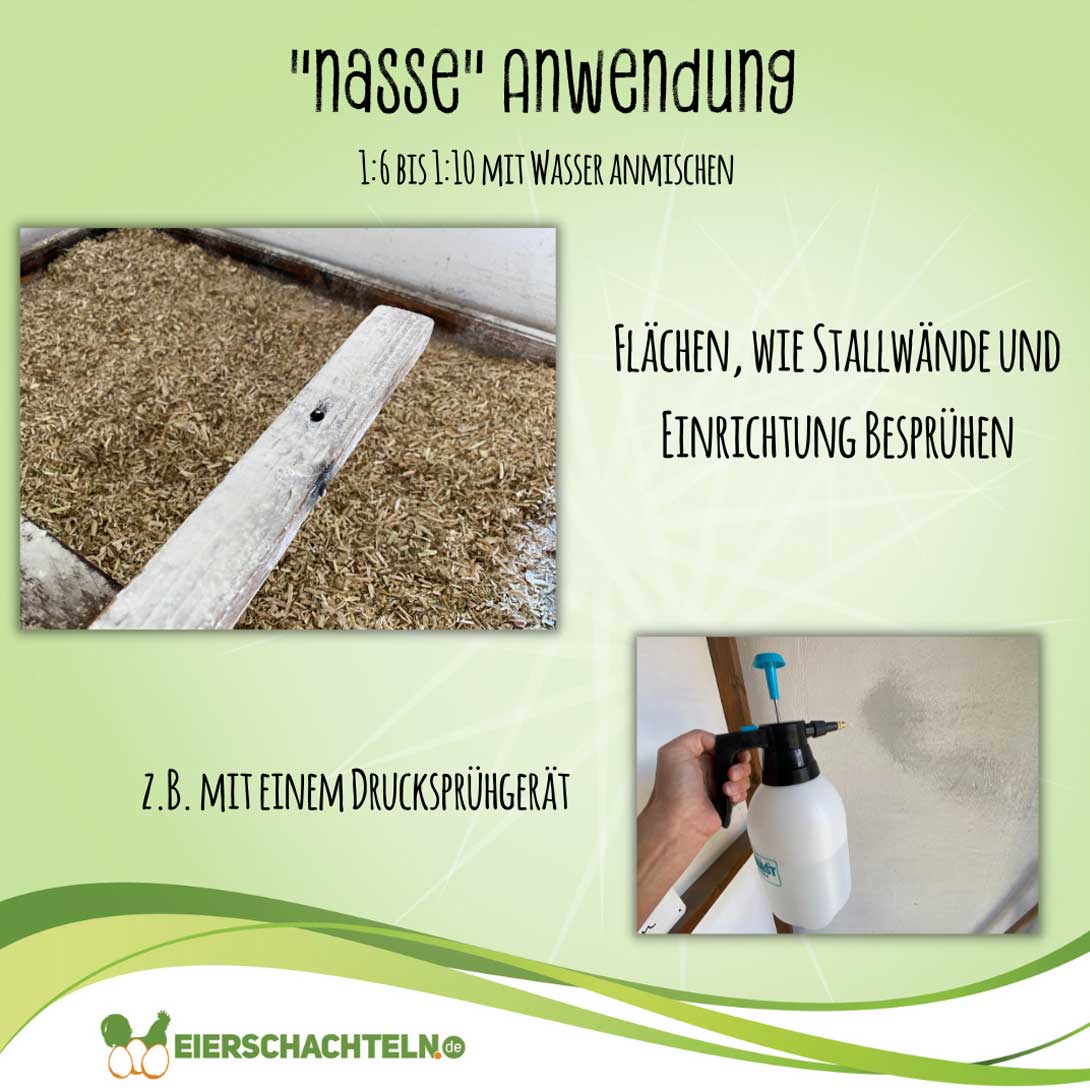 Kieselgurpulver InsectoSec biotauglich "nasse Anwendung: 1:6 bis 1:1 mit Wasser anmischen. Flächen, wie Stallwände und Einrichtung besprühen z.B. mit einem Drucksprühgerät"