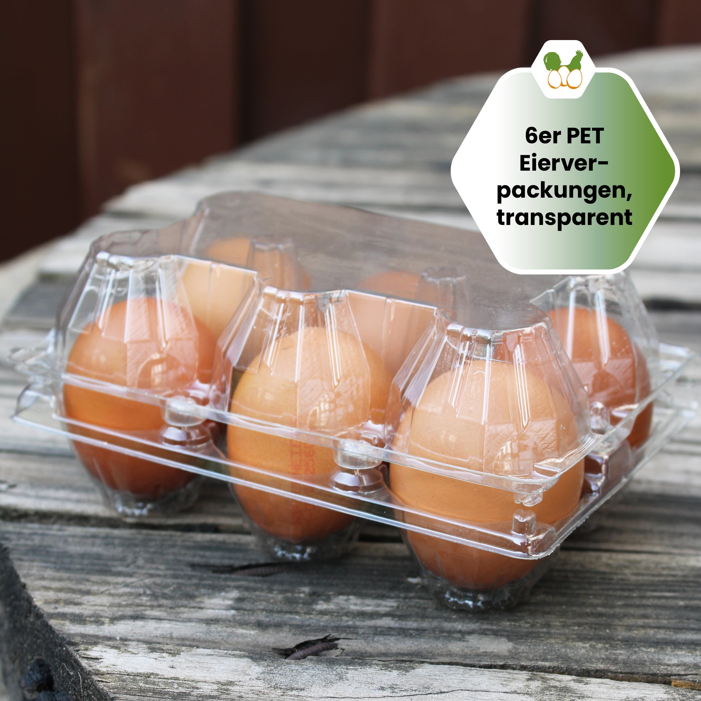 Eierschachtel mit Eiern auf einem Holztisch "6er PET Eierverpackungen, transparent"
