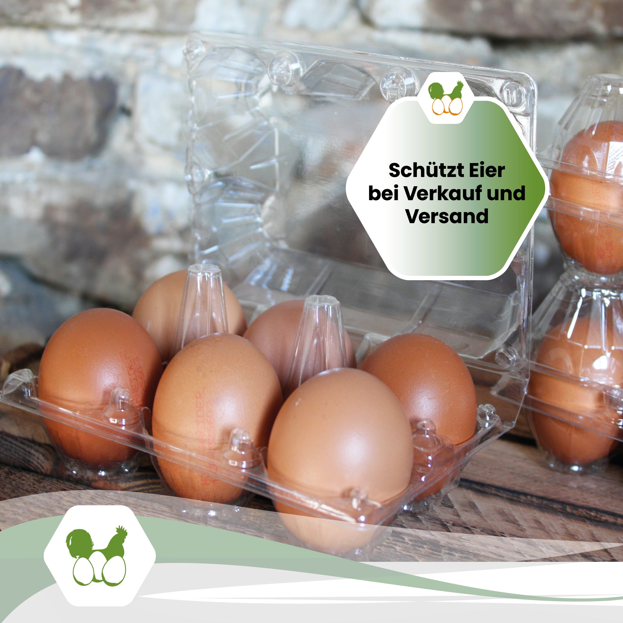 6er PET Eierverpackung, transparent "Schützt Eier bei Verkauf und Versand"