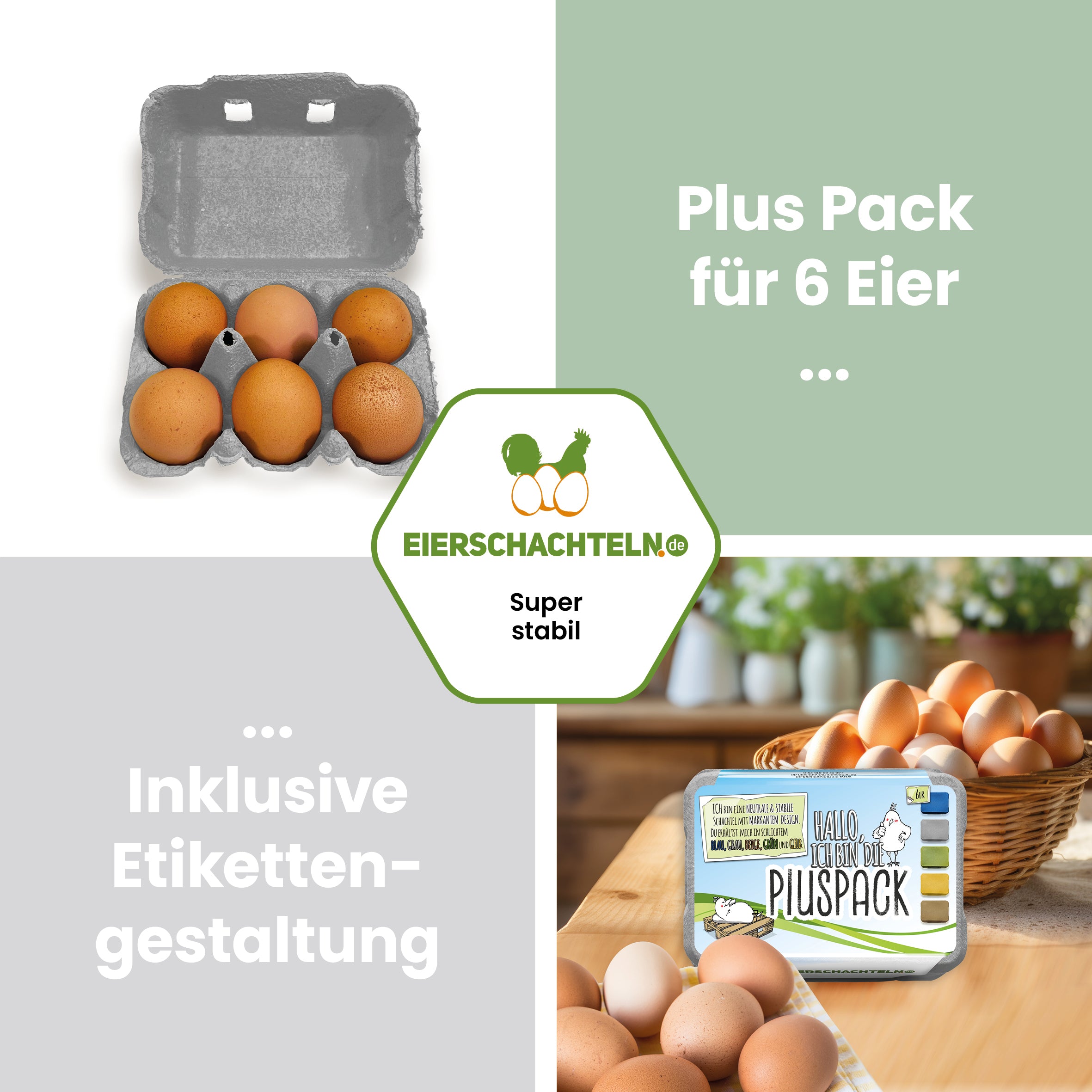 6er PlusPack mit eigenem Etikett, grau "Plus Pack für 6 Eier inklusive Etikettengestaltung"