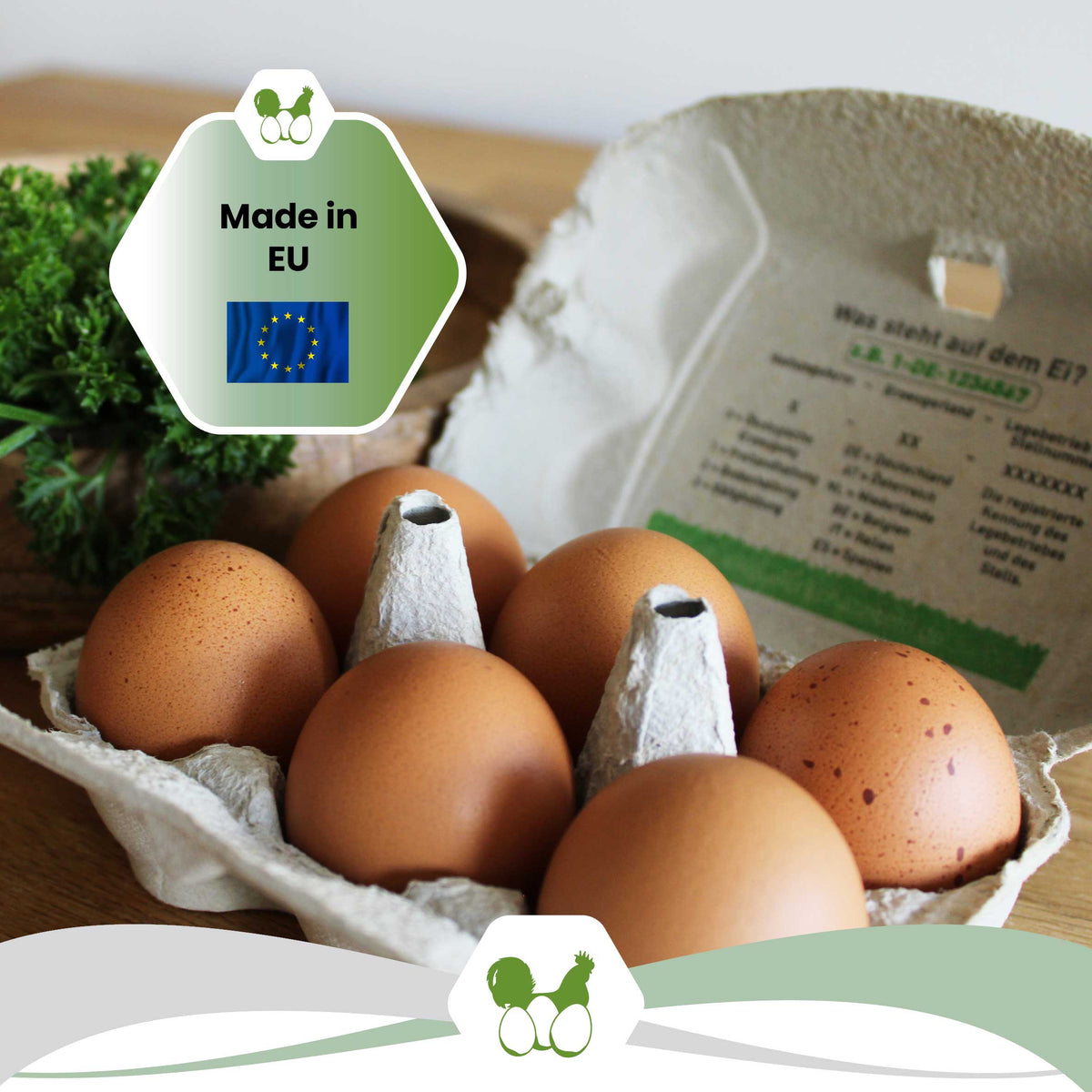 ComPac 6er Eierschachteln mit Etikett, Innendruck & Etikettengestaltung "Made in EU"
