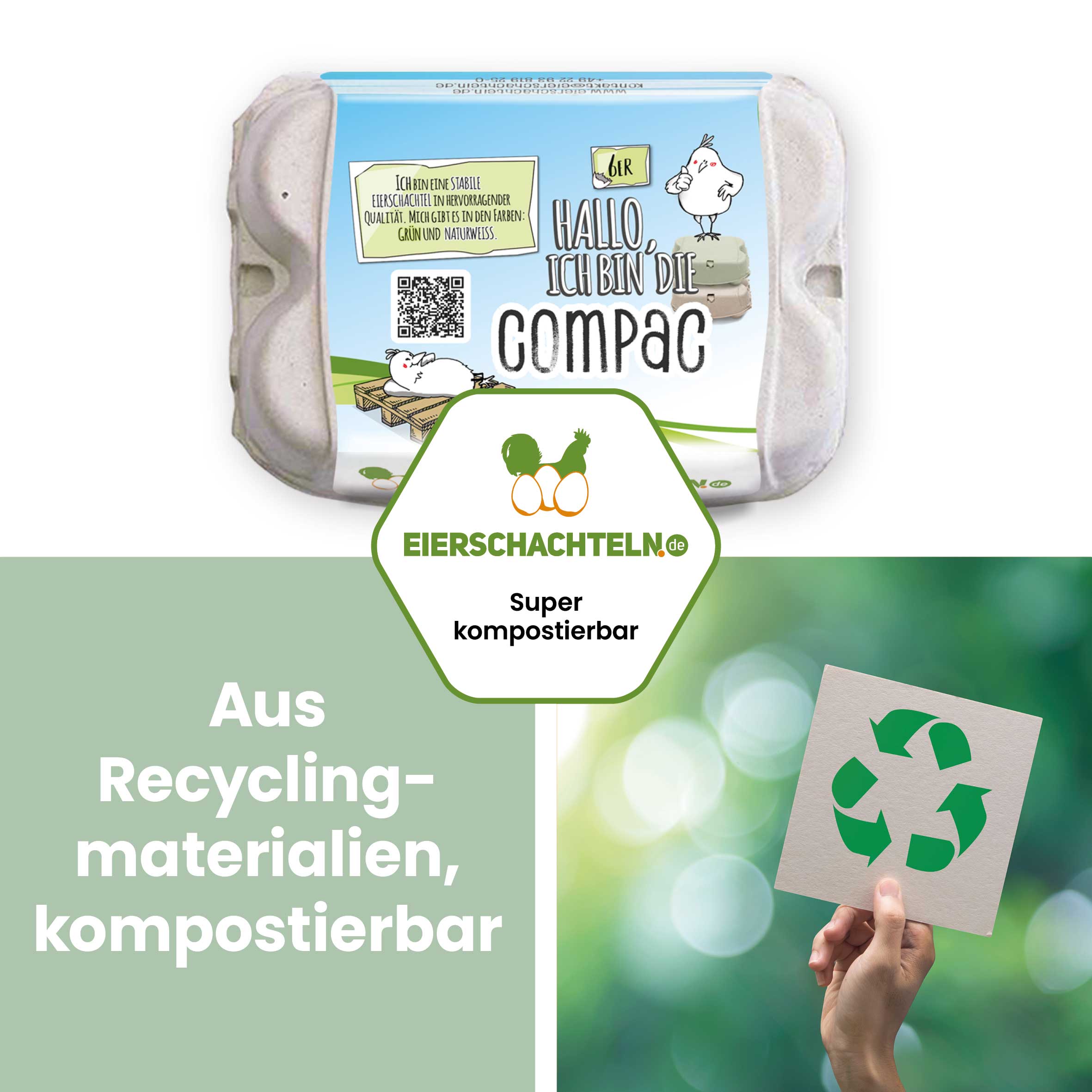 ComPac 6er Eierschachteln - mit deinem Etikett gratis Etikettengestaltung, naturweiß "Aus Recyclingmaterialien, kompostierbar"