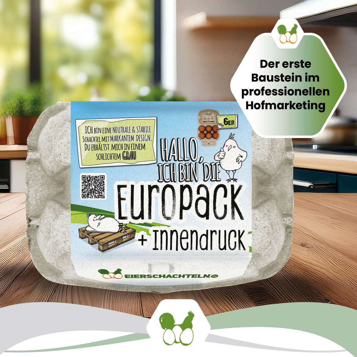 6er EuroPack (Palette) mit Etikett, Etikettengestaltung + Innendruck "Der erste Baustein im professionellen Hofmarketing"