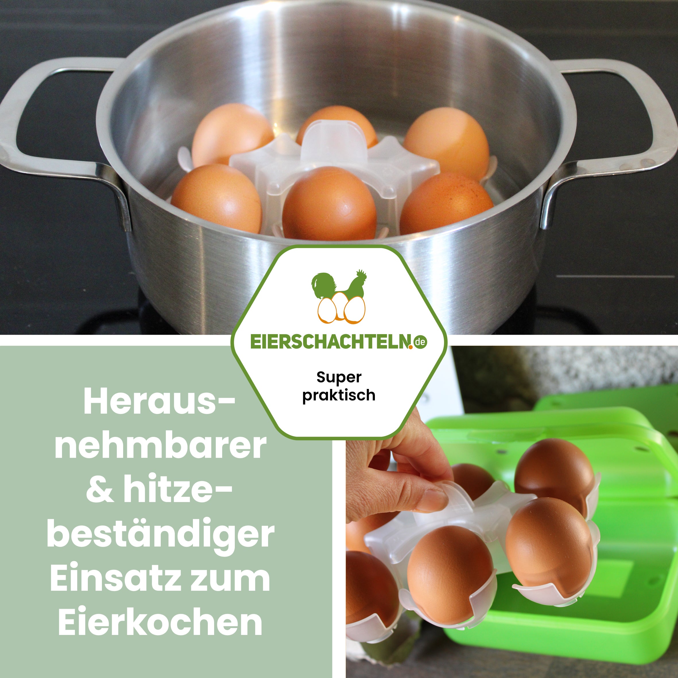6er Meibox Mehrweg-Eierschachtel, grün "Herausnehmbarer & hitzebeständiger Einsatz zum Eierkochen"