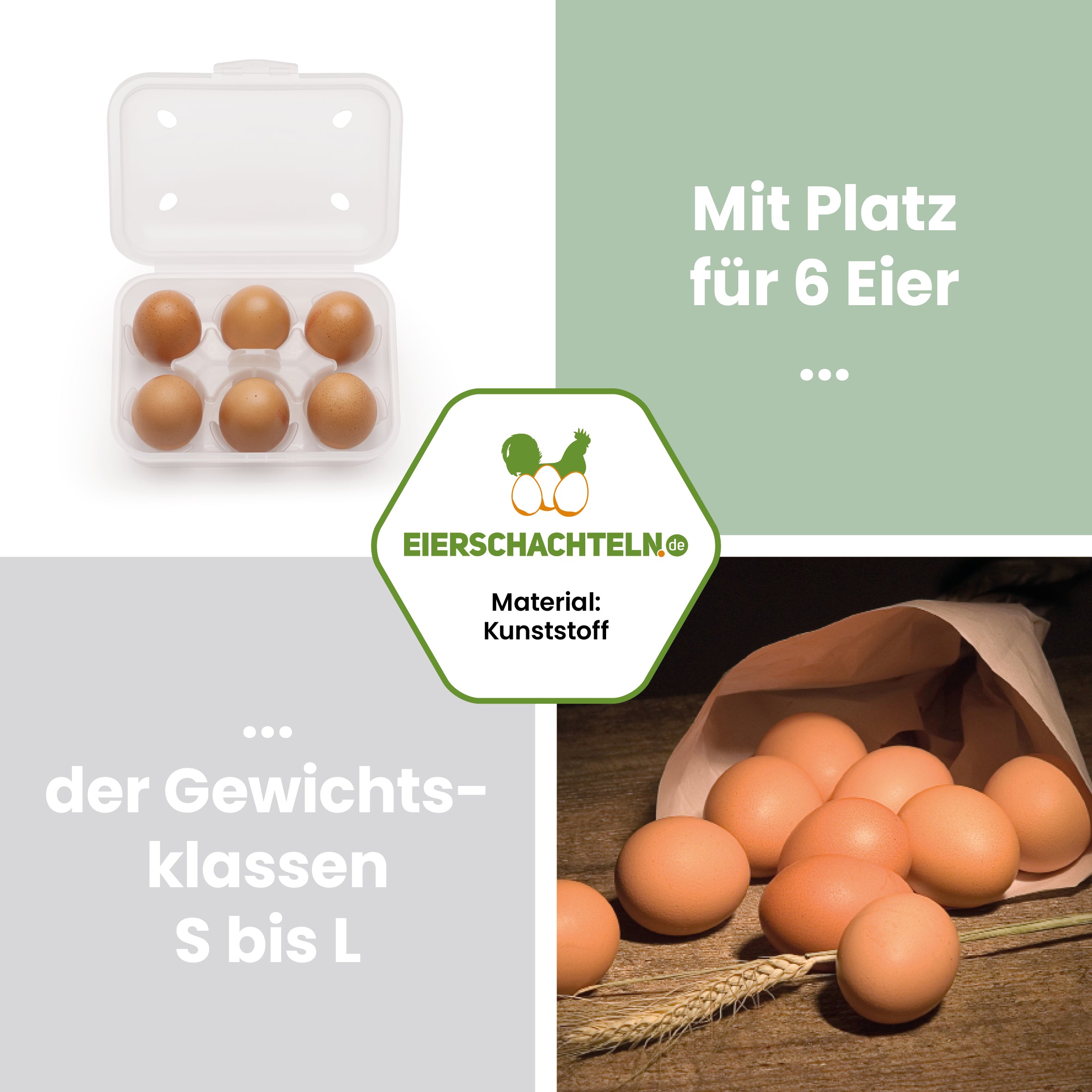 6er Meibox Mehrweg-Eierschachtel, transparent "Mit Platz für 6 Eier der Gewichtsklassen S bis L"