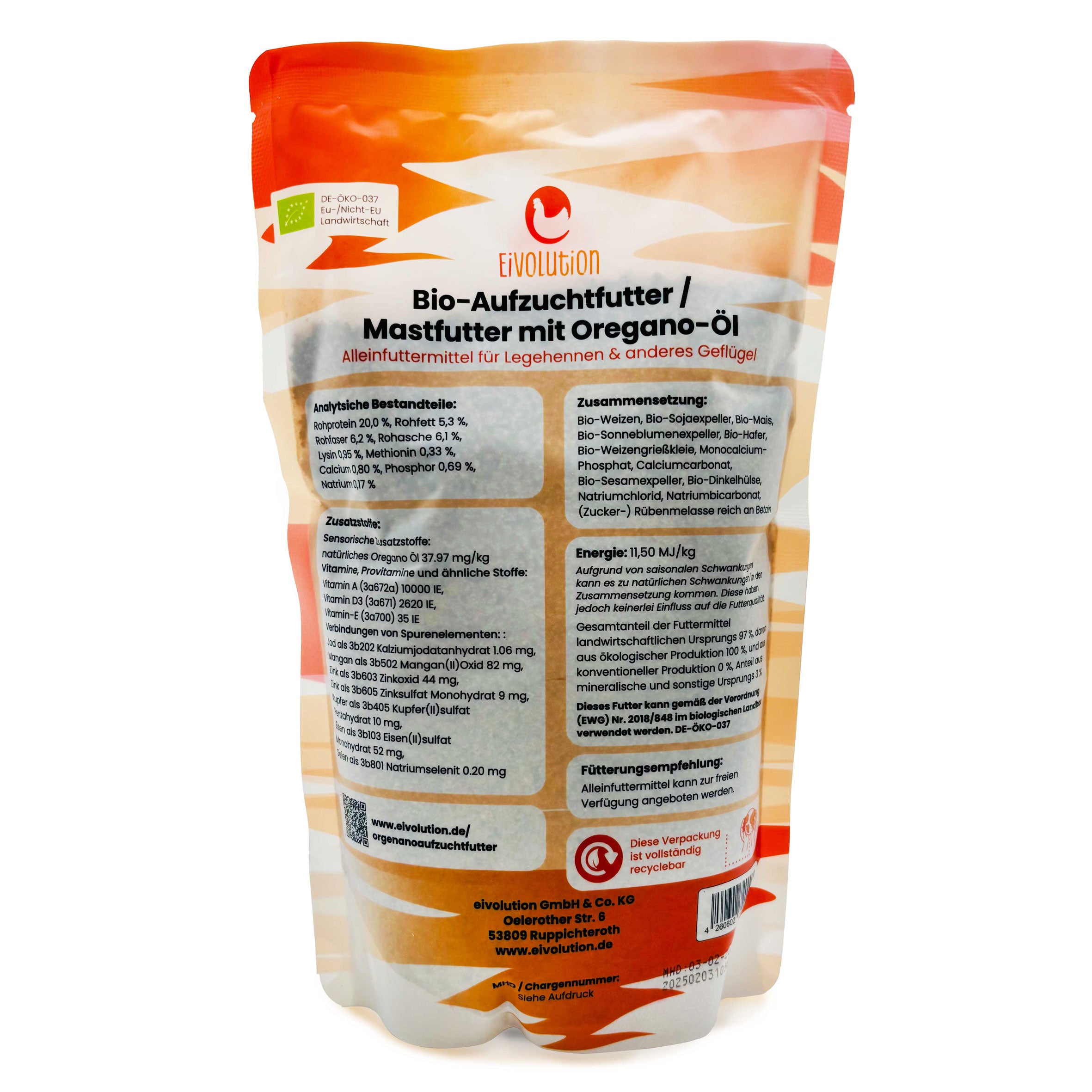 Bio-Aufzuchtfutter / Bio-Mastfutter mit Oregano-Öl, Beutel Rückseite