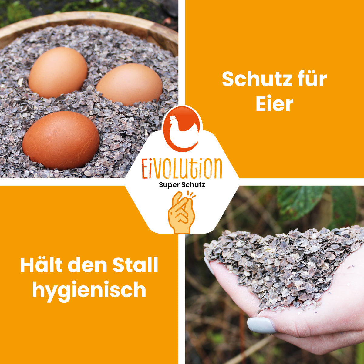 Buchweizenhülsen-Streu "Schutz für Eier hält den Stall hygienisch"