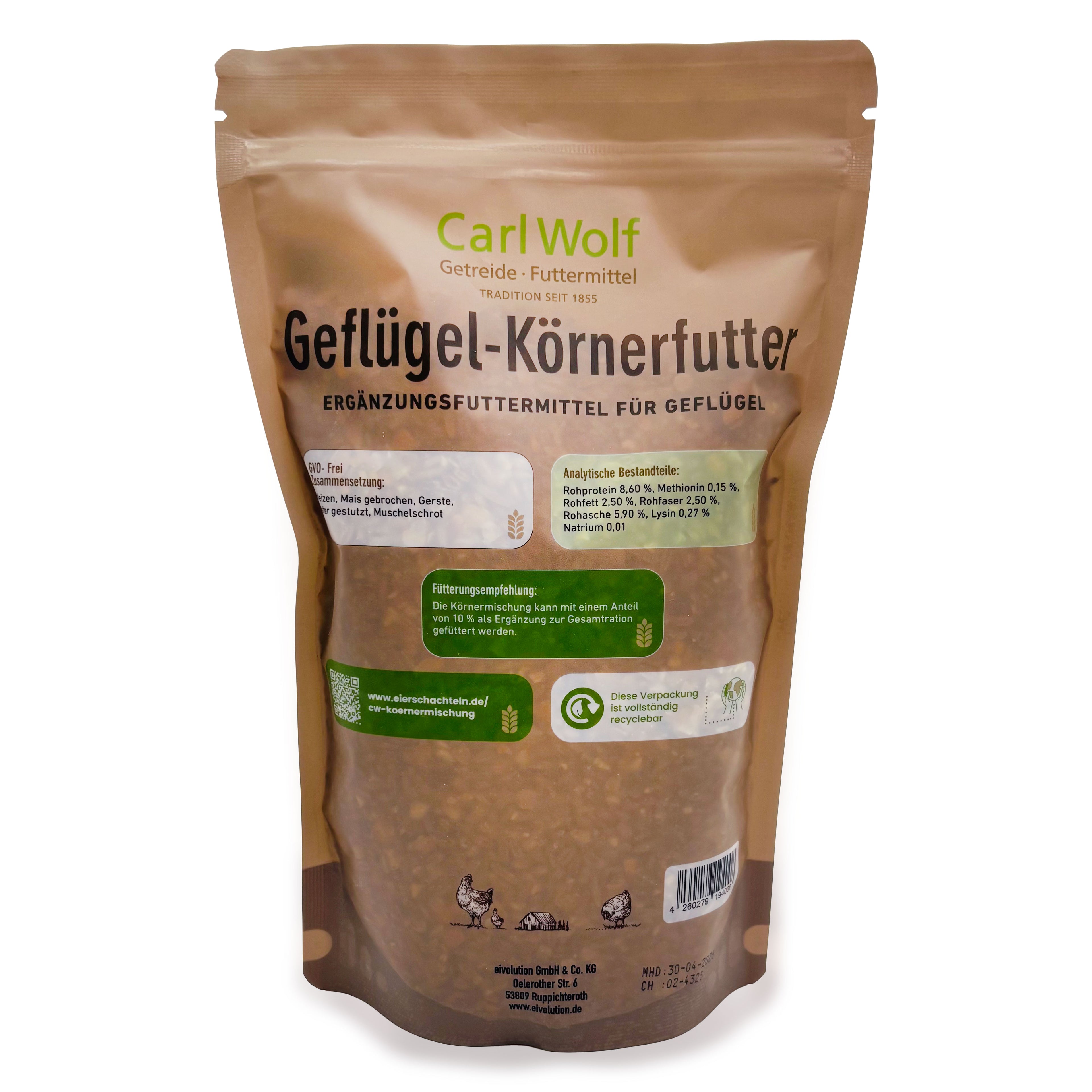Geflügelkörnerfutter von Carl Wolf - Natürliche Premium-Qualität für gesundes Geflügel - 800 g, Rückseite