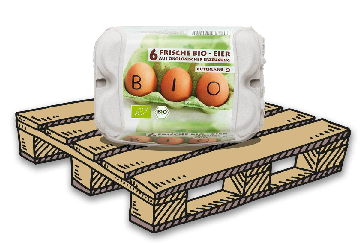 6er Eierschachteln mit Bio-Etikett, auf Palette