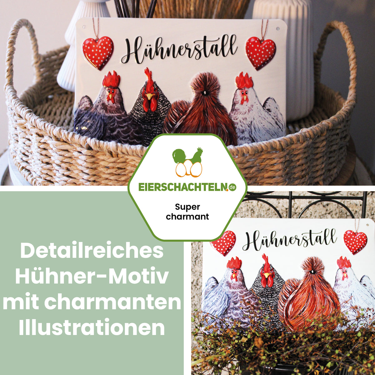 Dekoschild Hühnerstall "Detailreiches Hühner-Motiv mit charmanten Illustrationen"