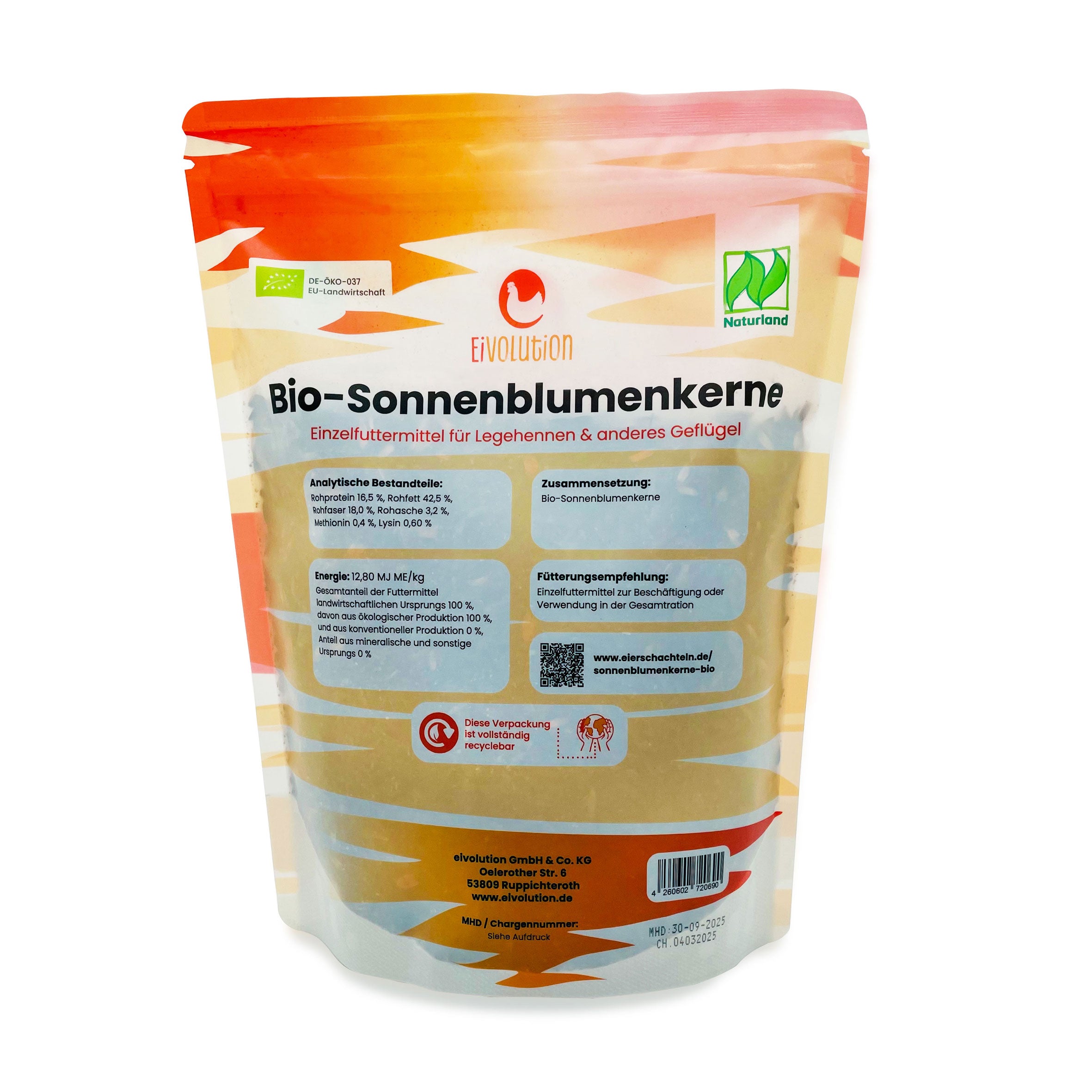 Bio-Sonnenblumenkerne – Hühnerleckerli & Wintervogelfutter, 800 g Beutel - Naturland zertifiziert, Rückseite