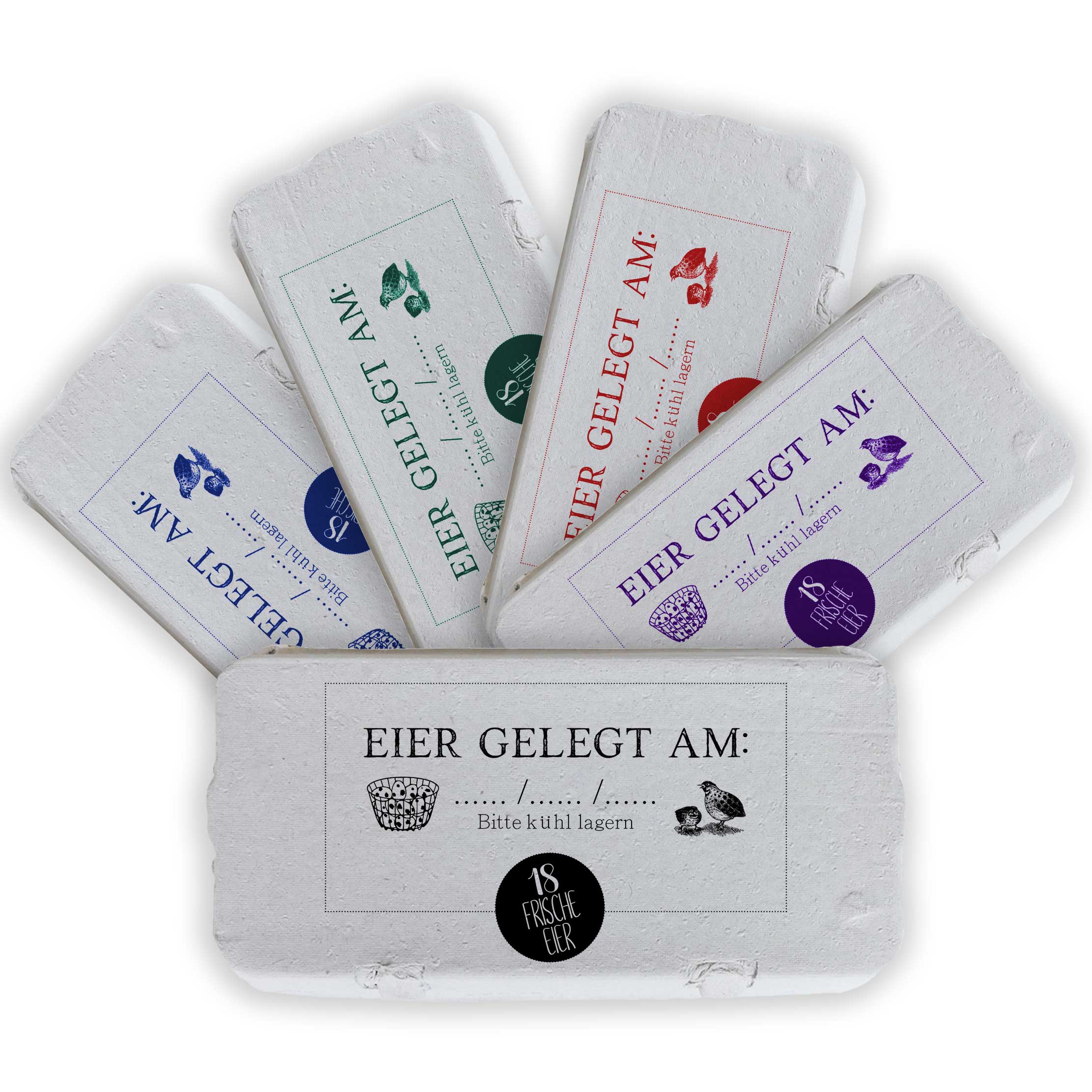 Eierschachtel-Stempel 18/ 12 bzw. 6 Frische Wachtel-Eier gelegt am ..., in 5 Farben auf Schachteln