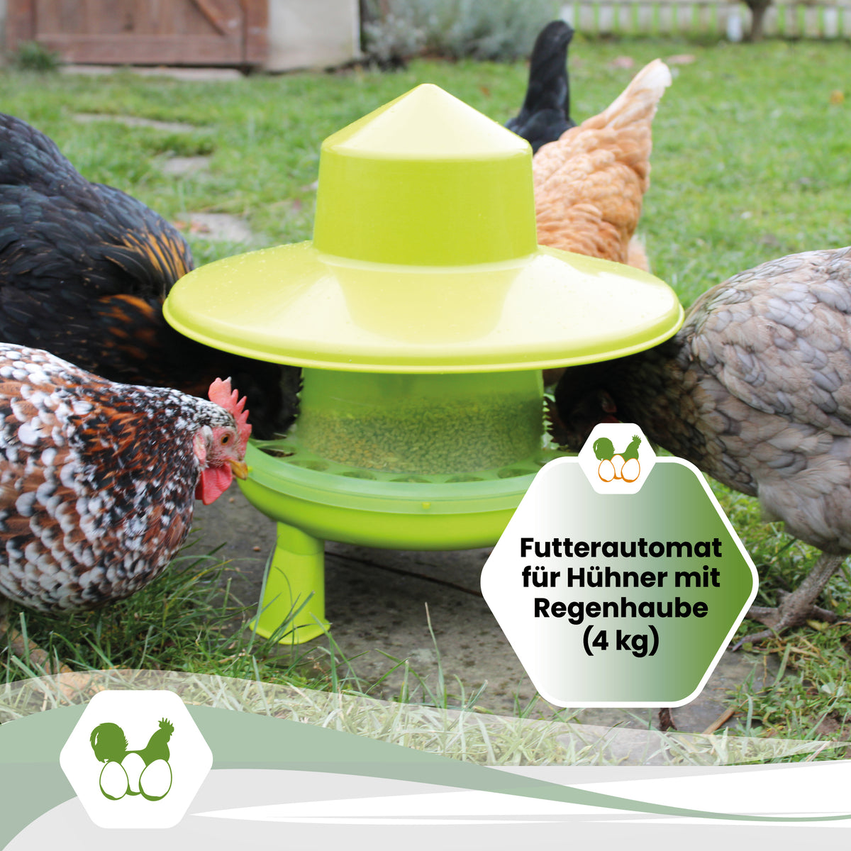 Futterautomat aus Kunststoff 4 kg, mit Beinen & Regenhut "Futterautomat für Hühner mit Regenhaube (4 kg)"