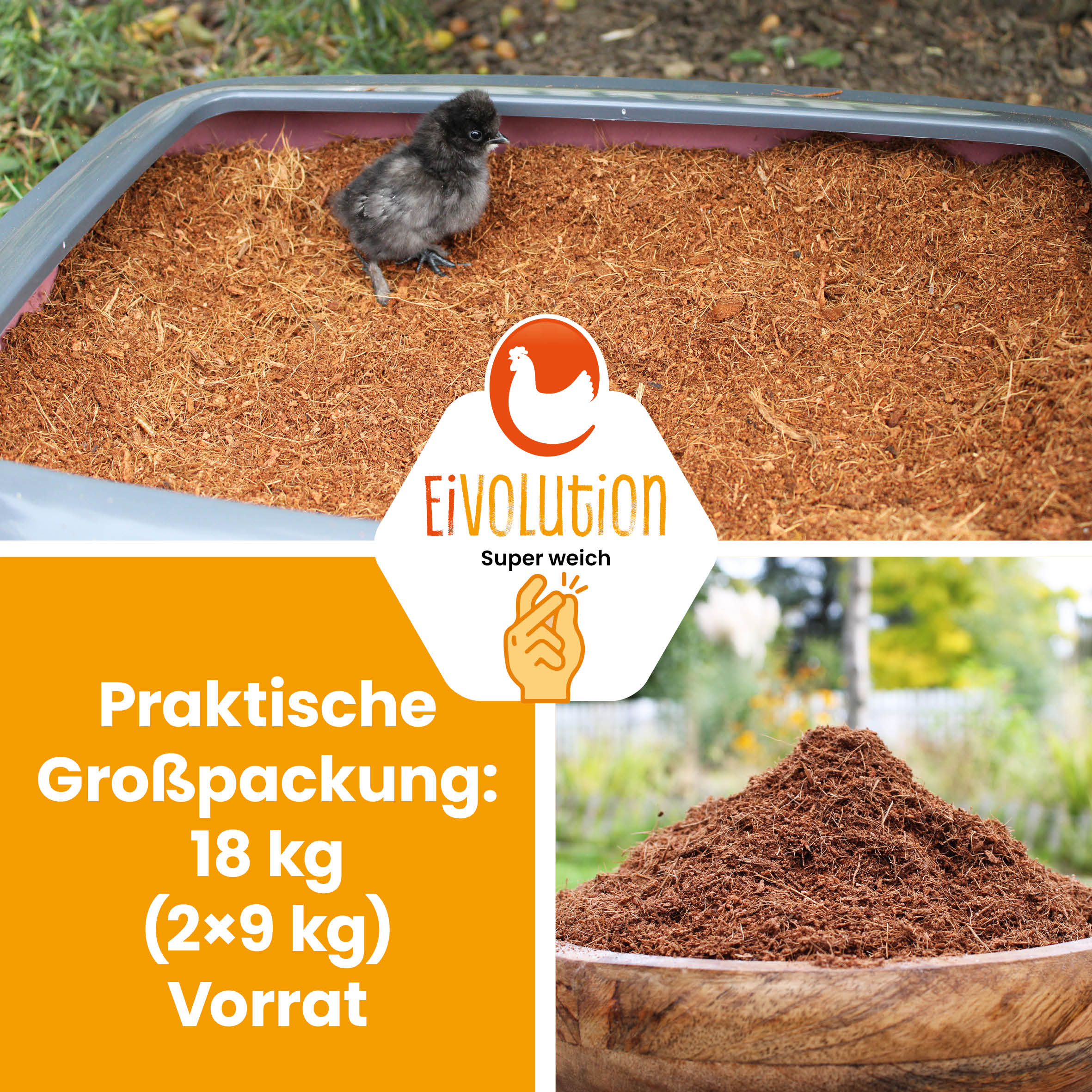 Kokoseinstreu 18 kg (2×9 kg) – saugstark, natürlich & hypoallergen für Hühner, Wachteln & Kleintiere