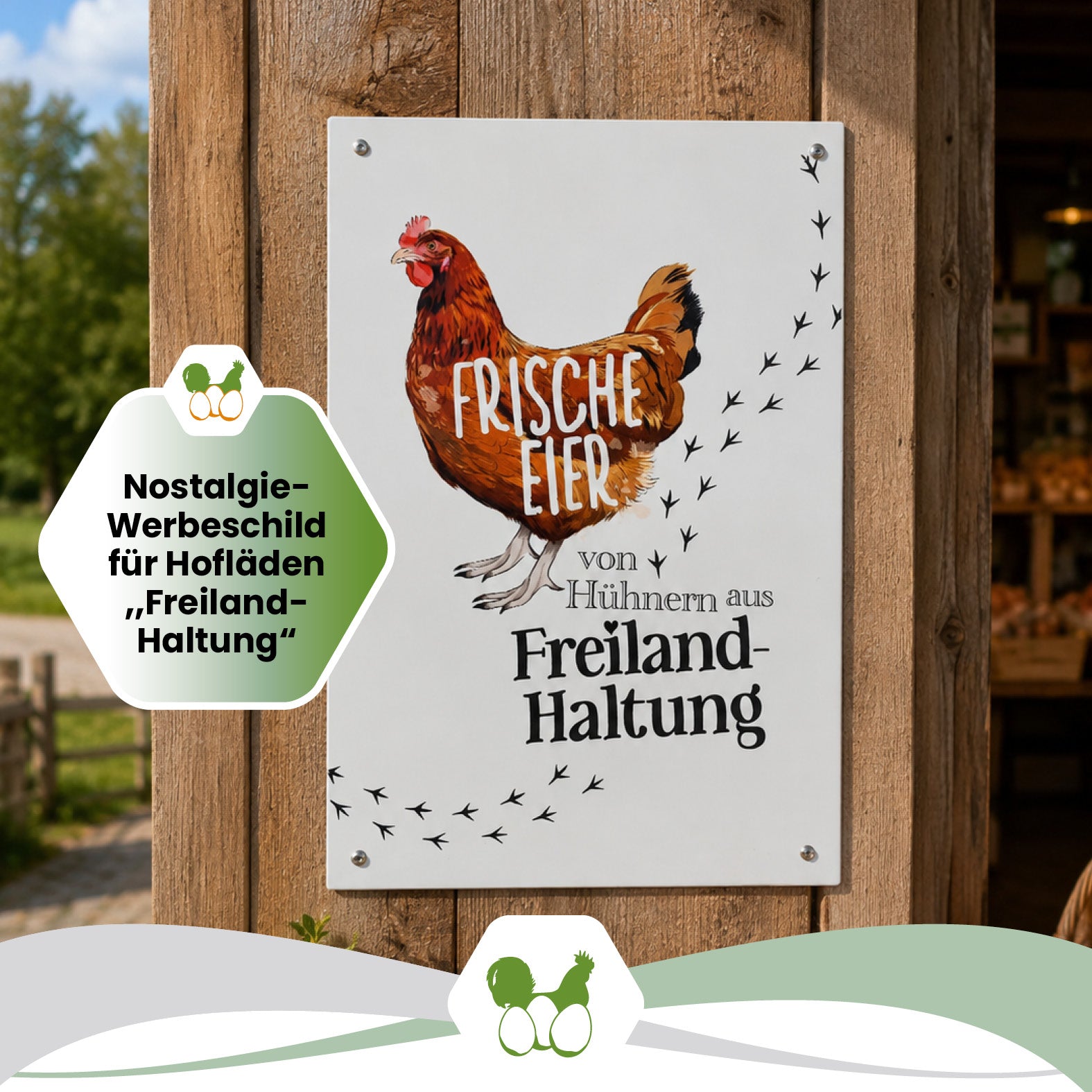 Alu-Schild Huhn „Frische Eier aus Freilandhaltung“, 21 x 29,7 cm