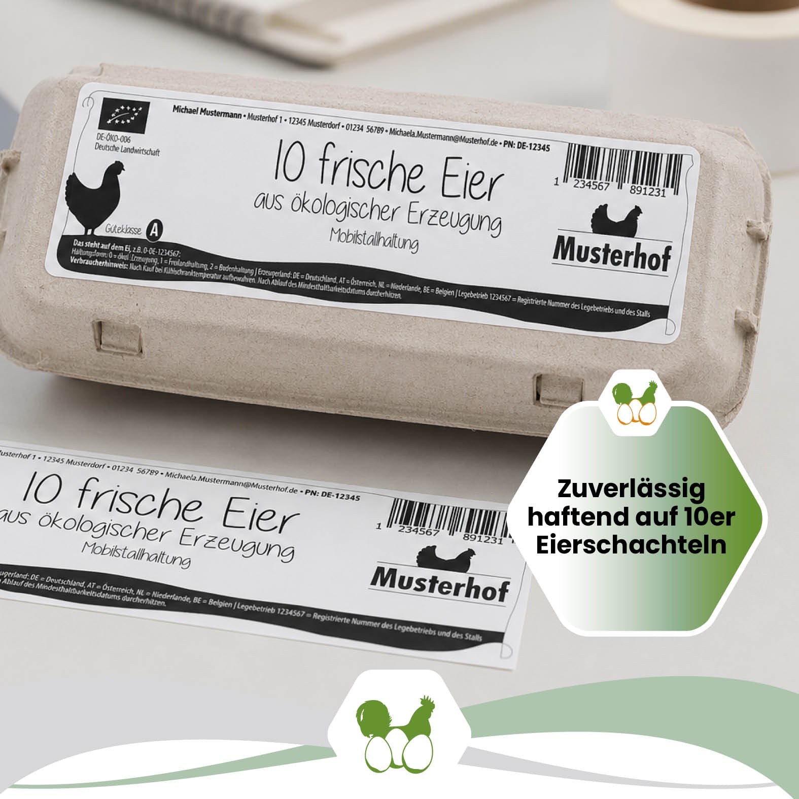 500 Stück Thermoetiketten für 10er Eierschachteln mit individuellem Eindruck – 4 Designvarianten