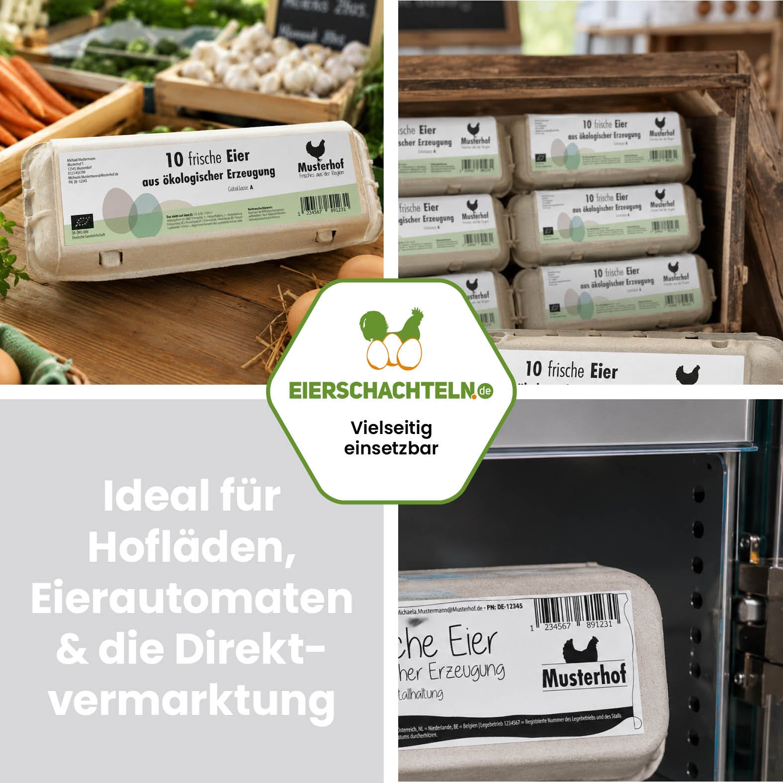 500 Stück Thermoetiketten für 10er Eierschachteln mit individuellem Eindruck – 4 Designvarianten