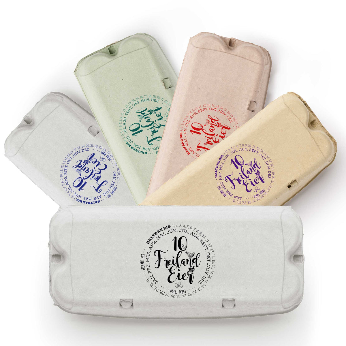 Eierschachtel-Stempel "Haltbar bis" 10 bzw. 6 Freiland-Eier, in 5 Farben auf Schachteln