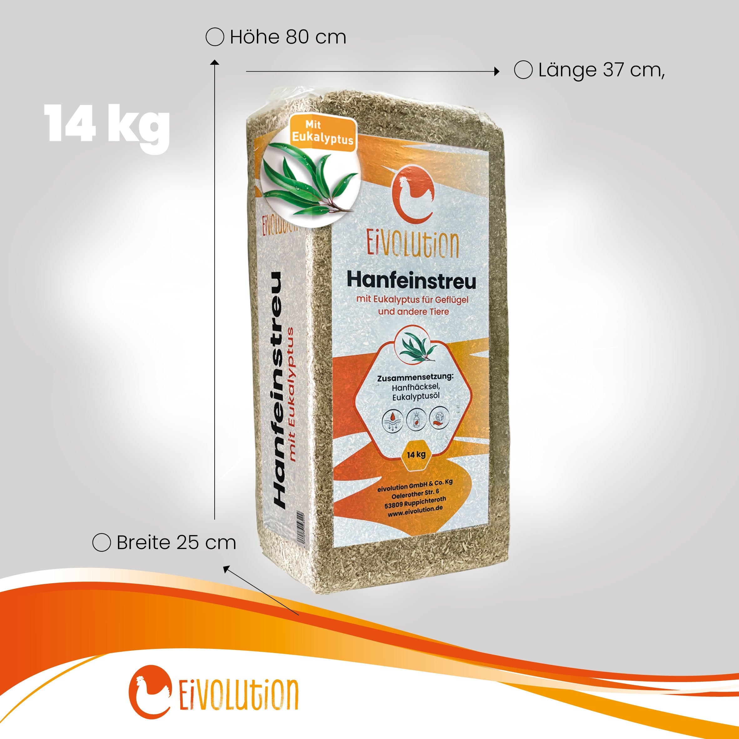 Hanfeinstreu mit Eukalyptus für ein gutes Stallklima, 14 kg Maße: "Breite 25 cm x Länge 37 cm x Höhe 80 cm"
